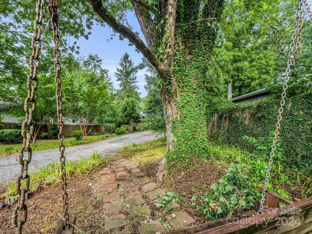 Shaded yard with a brick path, ivy-covered tree, and swing chains beside a gravel driveway.