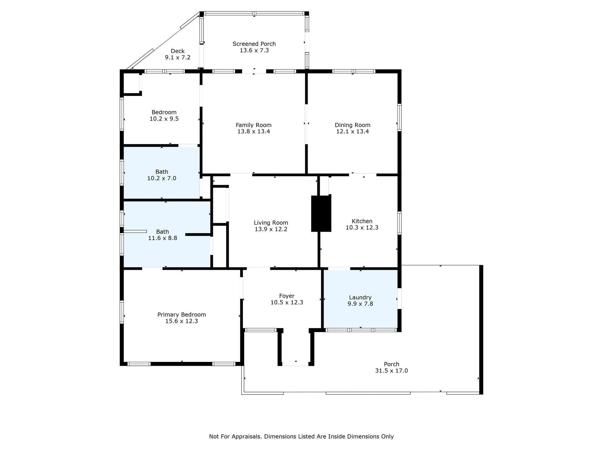 Floor plan showing two bedrooms, two baths, living and family rooms, kitchen, laundry, deck, and porches.