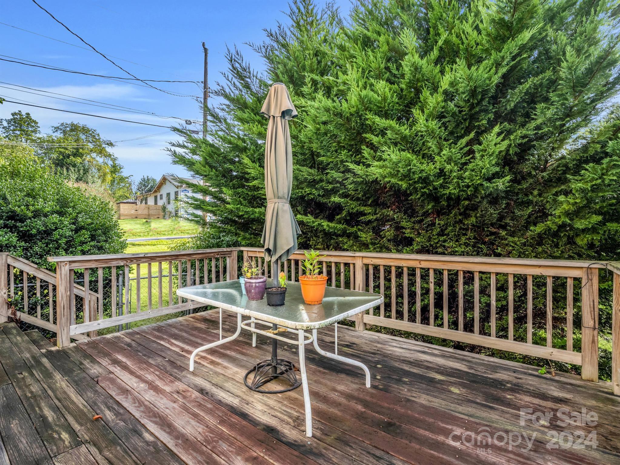Wooden deck with a glass-top patio table and closed umbrella, backed by tall evergreen hedges.