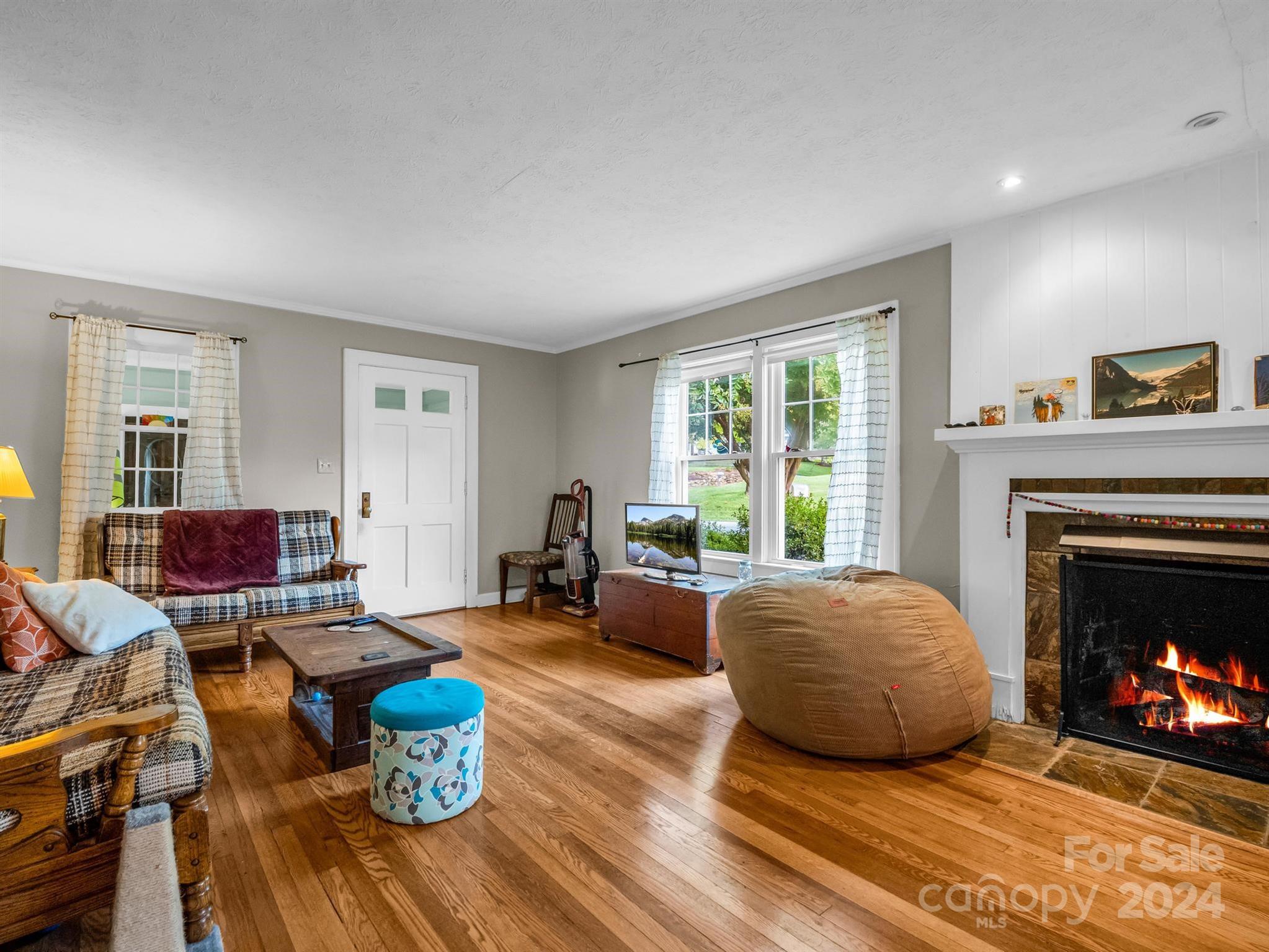 Living room with a lit fireplace, plaid sofas, hardwood floors, and a large beanbag chair.