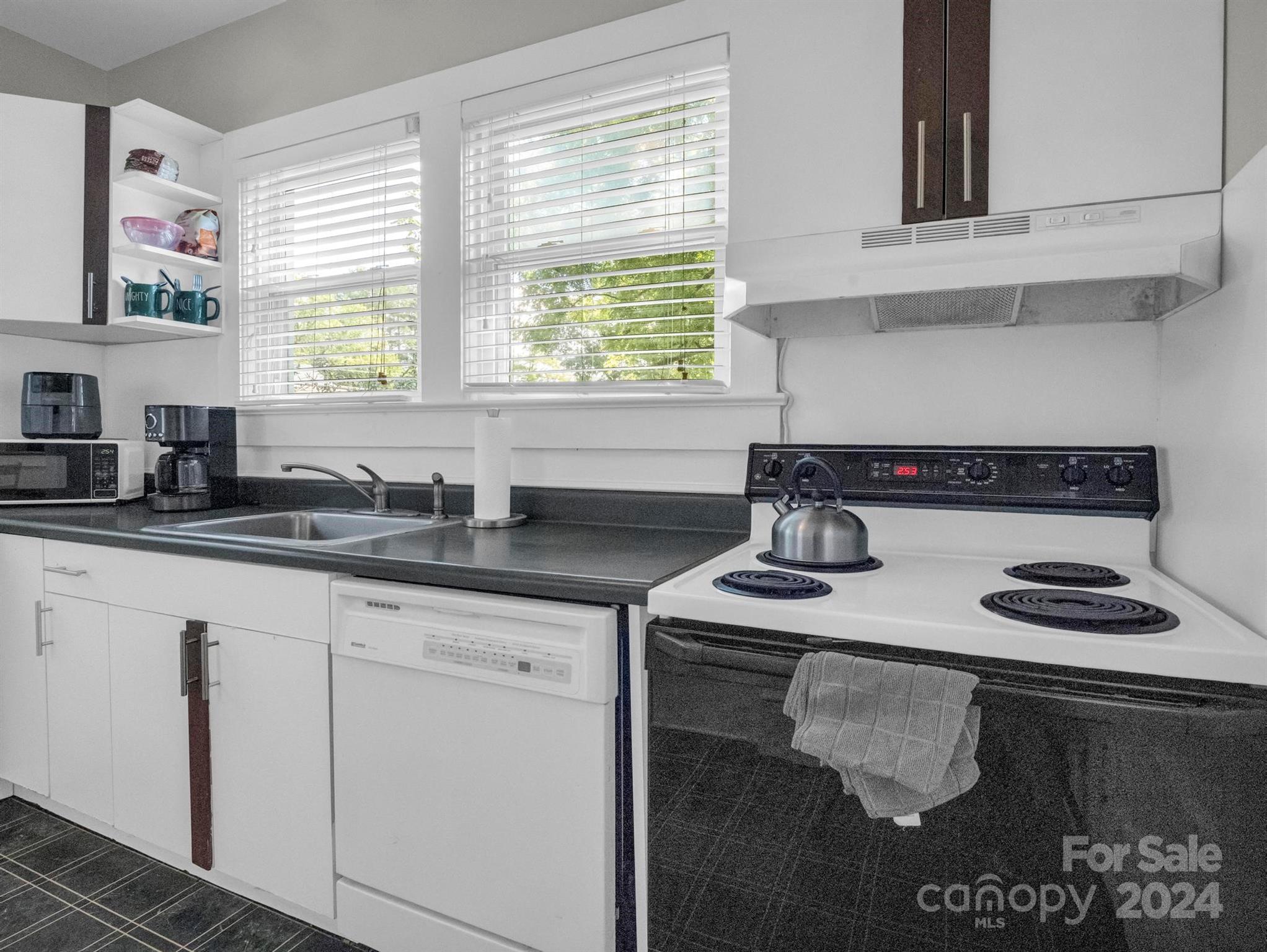 Kitchen with white cabinets, dark countertops, two bright windows, and an electric range.