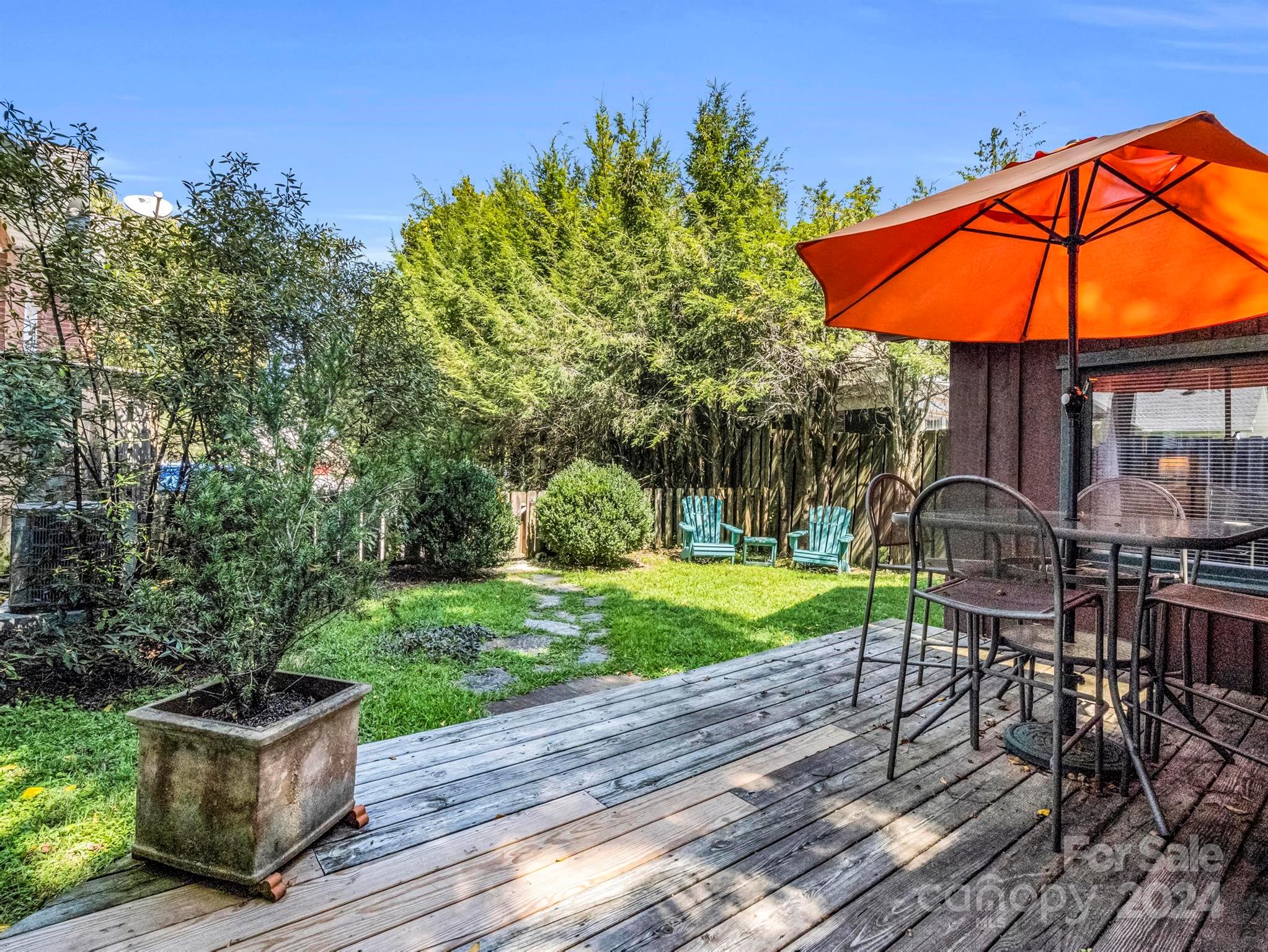 Patio with a wooden deck, orange umbrella, metal dining set, and turquoise chairs beside a green lawn.