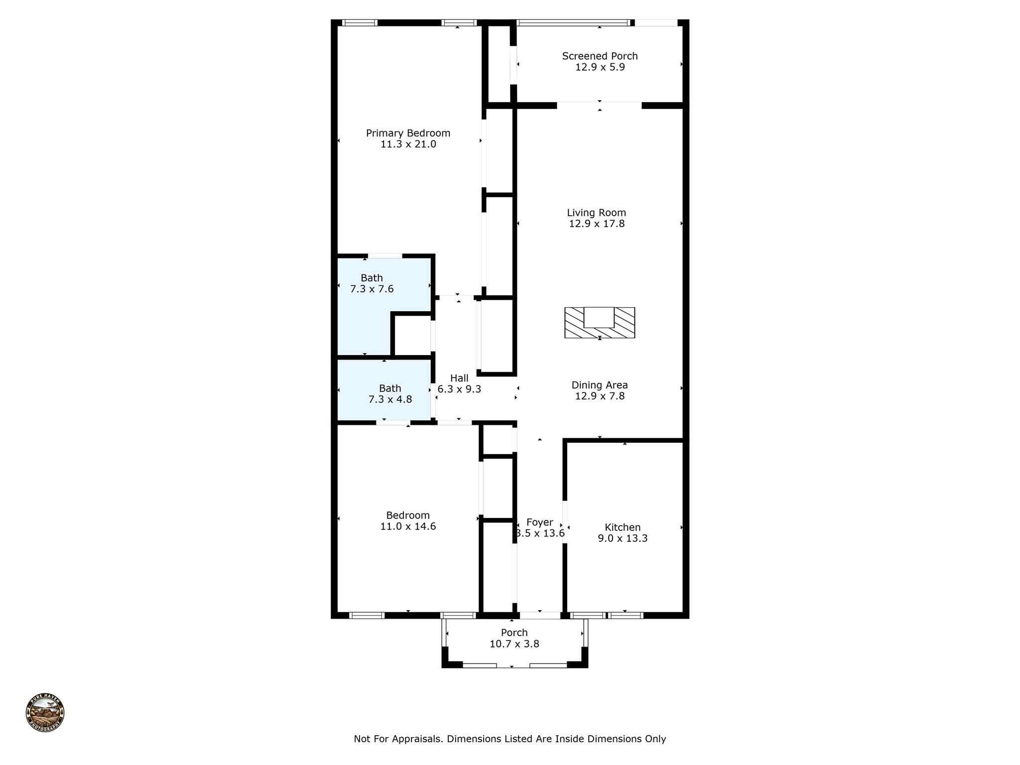 Floor plan for 3502 Saint Augustine Place, with two bedrooms, two baths, and a screened porch.