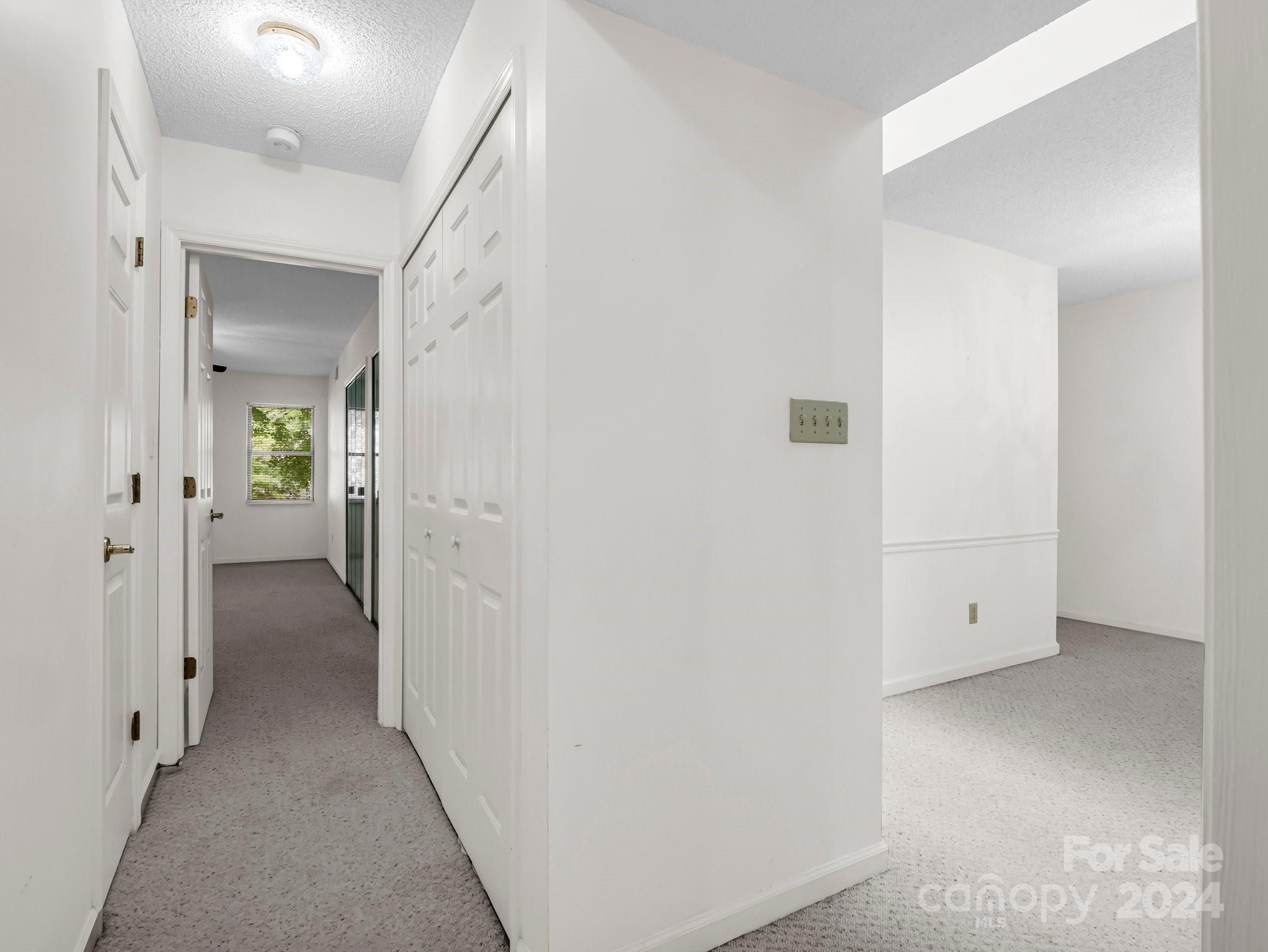 Carpeted hallway with white closet doors, a window at the far end, and an adjoining room.