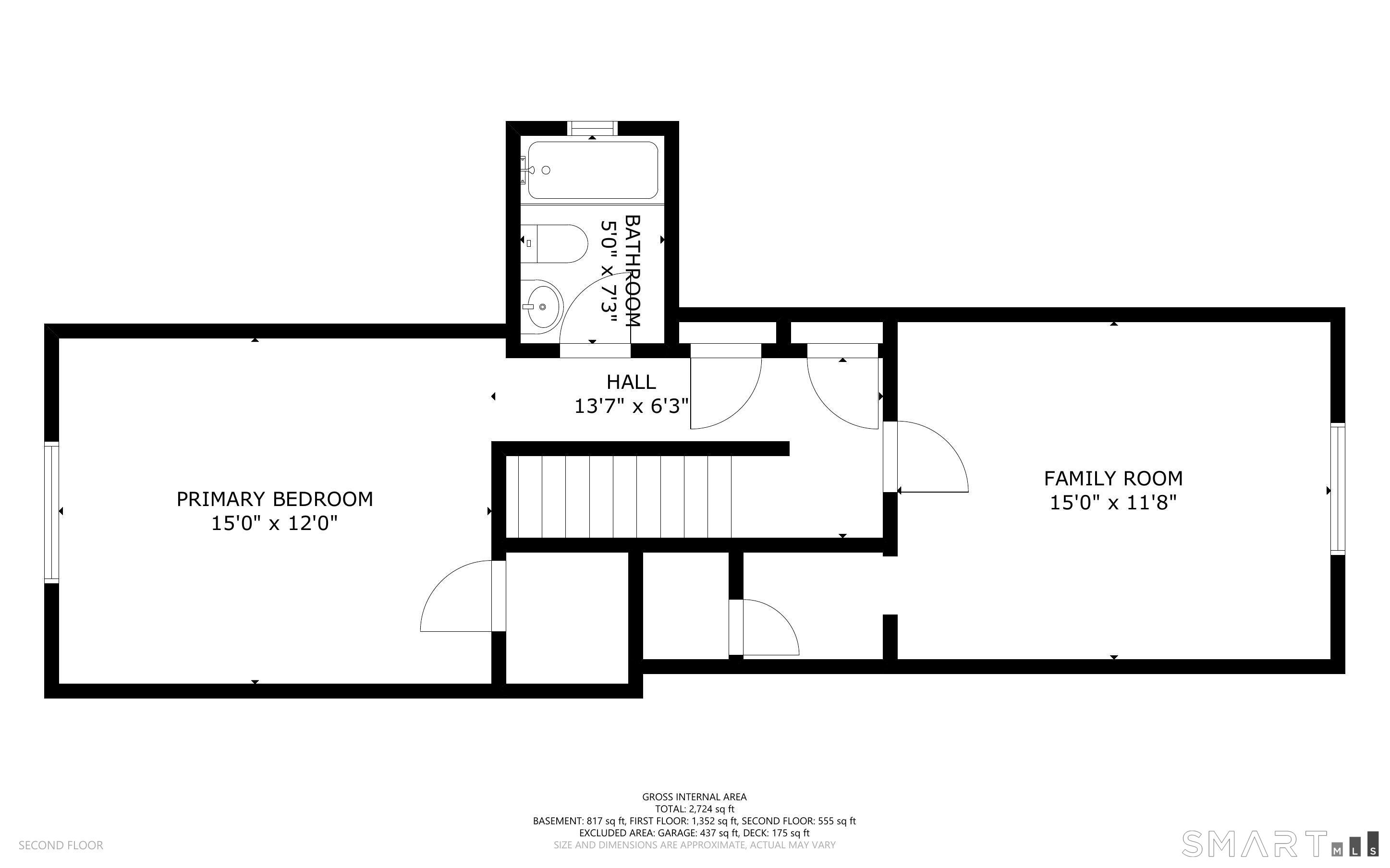 Second-floor plan showing a primary bedroom, bathroom, hall, and family room.