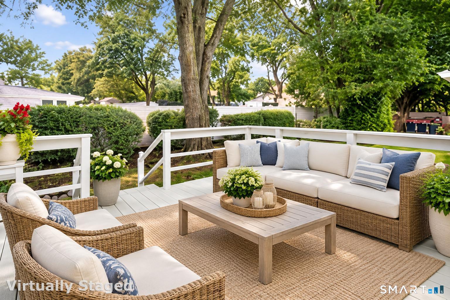 Outdoor deck with wicker seating and a coffee table, surrounded by mature trees and hedges.