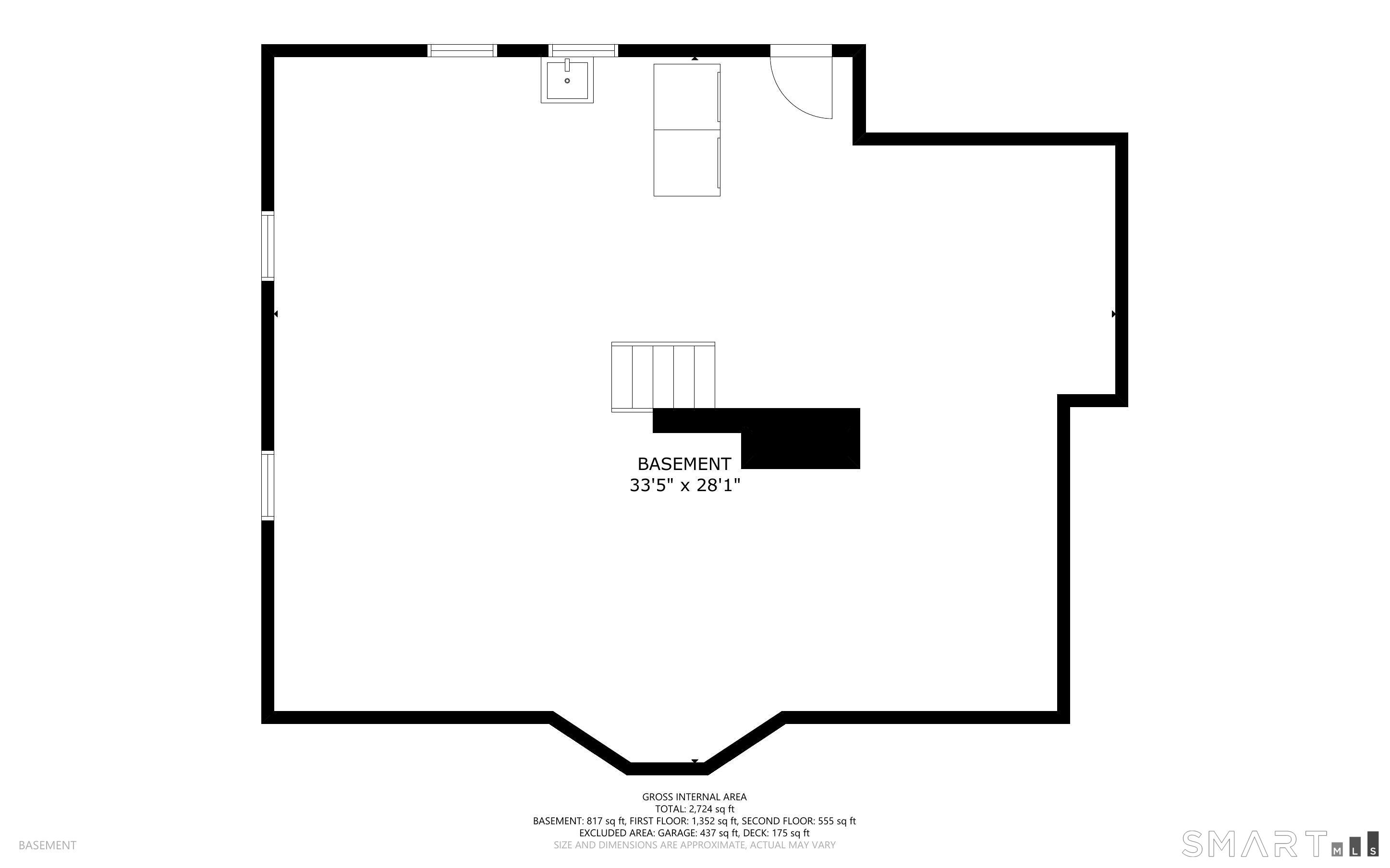 Basement floor plan, 33 feet 5 inches by 28 feet 1 inch, with stairs and a sink.