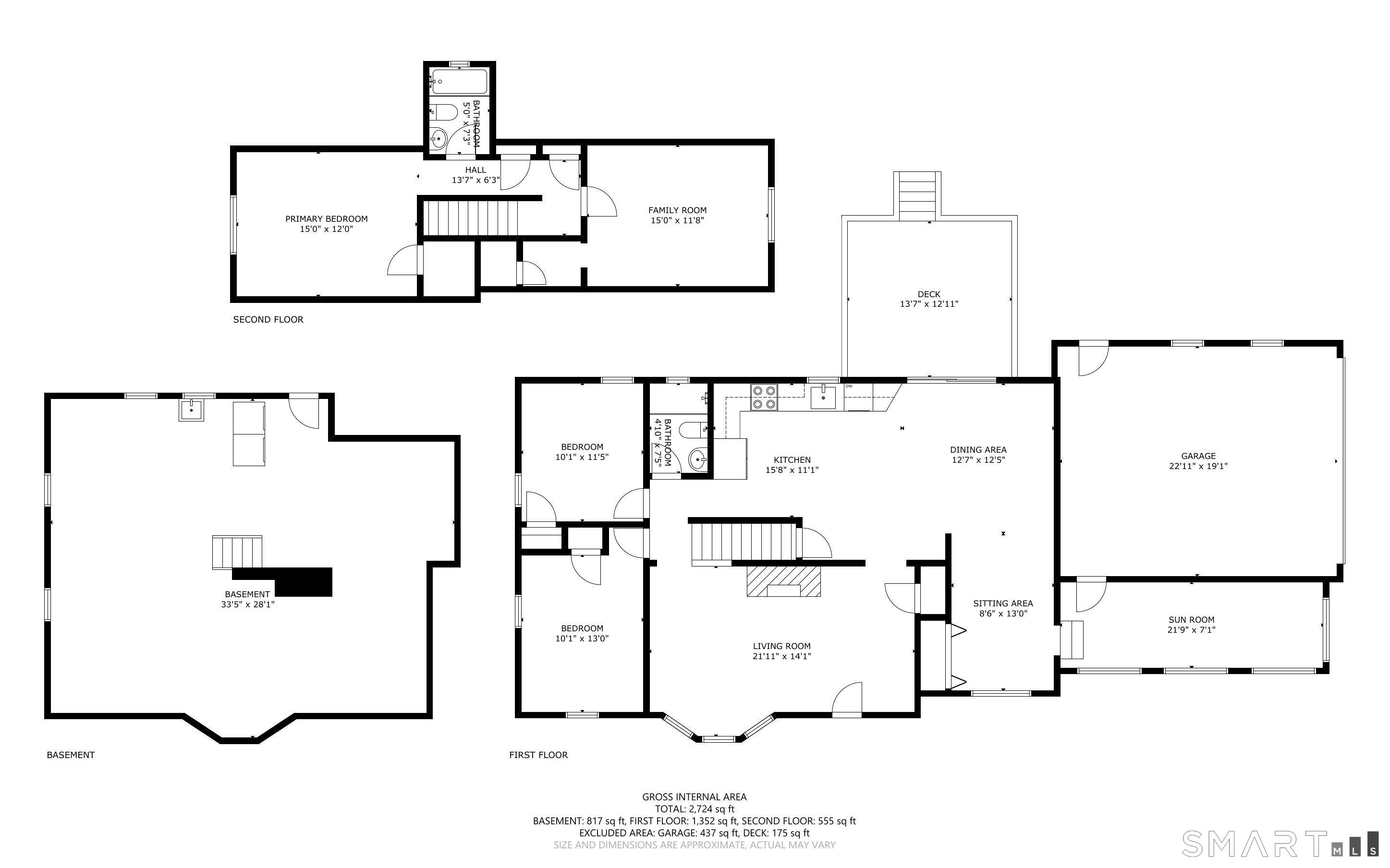 Floor plan showing the basement, first floor, and second floor of 18 Koger Road.