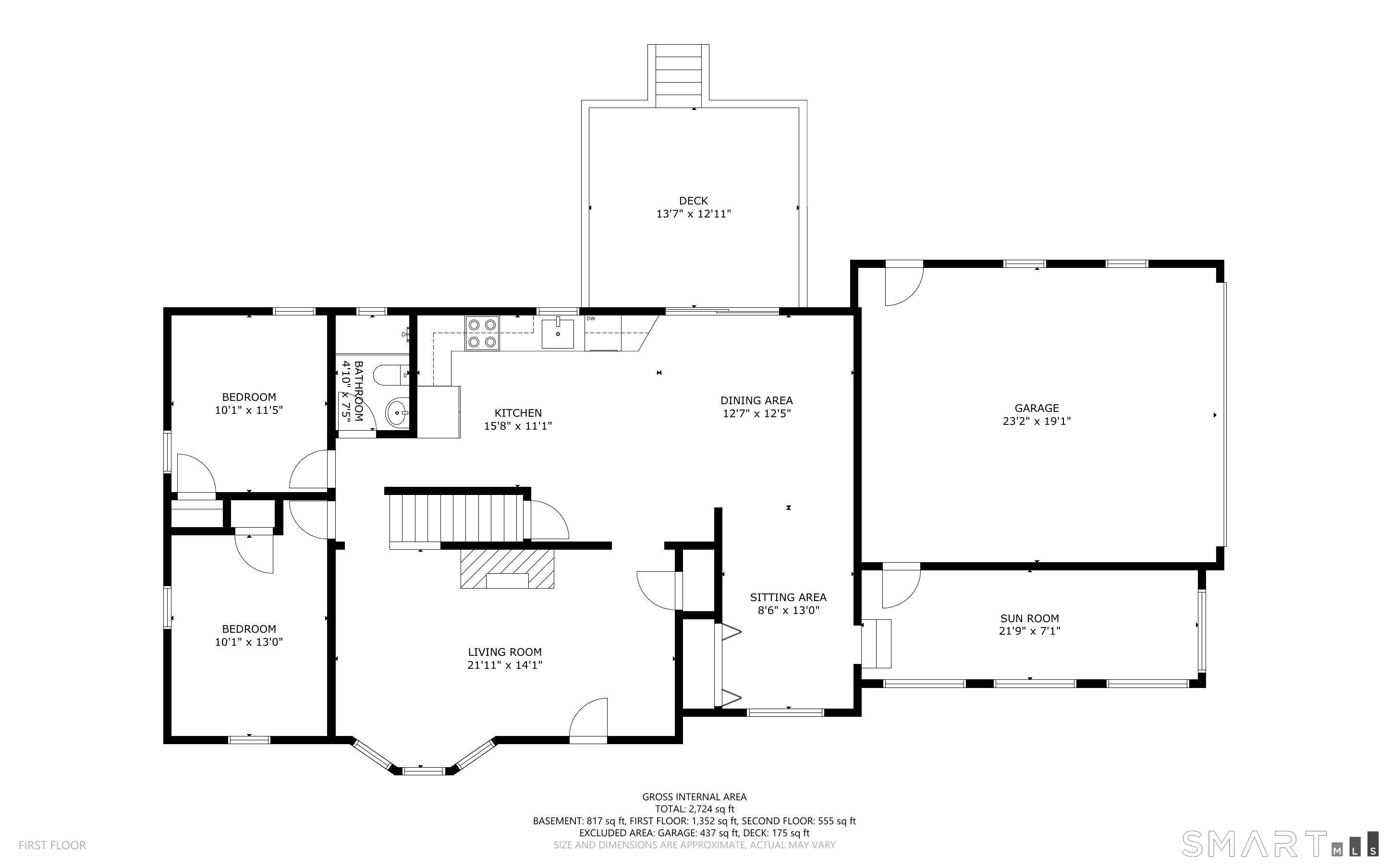 First-floor plan with two bedrooms, open kitchen and dining area, sun room, garage, and deck.