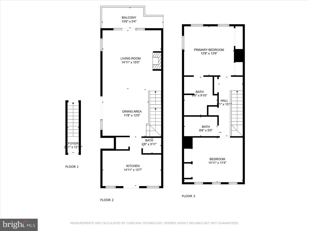 Three-floor home layout with a balcony, living and dining areas, kitchen, two bedrooms, and three bathrooms.
