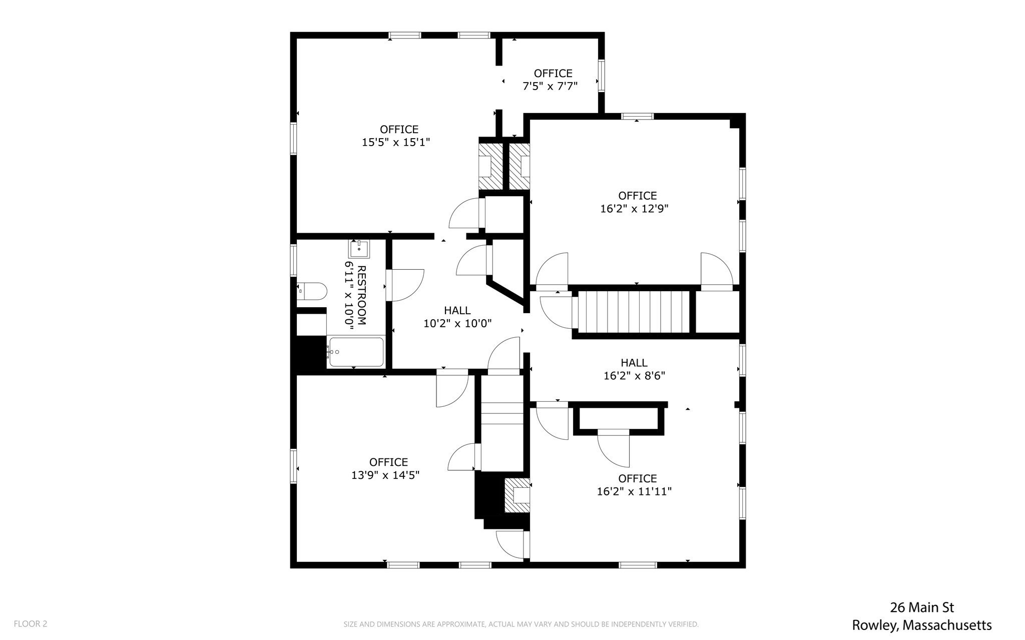 Second-floor plan of 26 Main St with five offices, two halls, a restroom, and room dimensions.