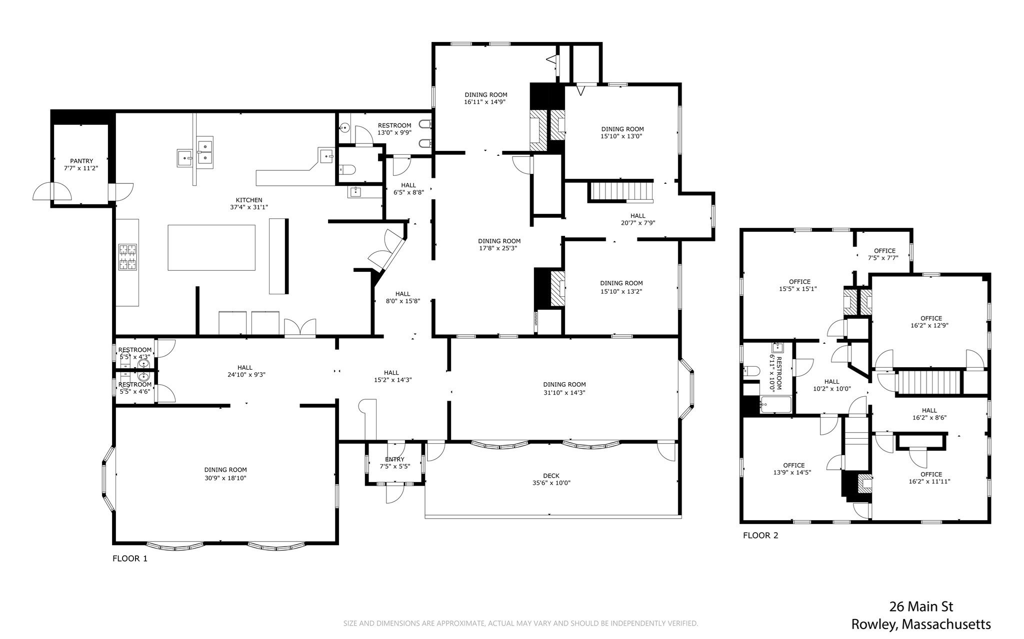 Two-floor floor plan for 26 Main St, showing multiple dining rooms, a large kitchen, offices, and a deck.