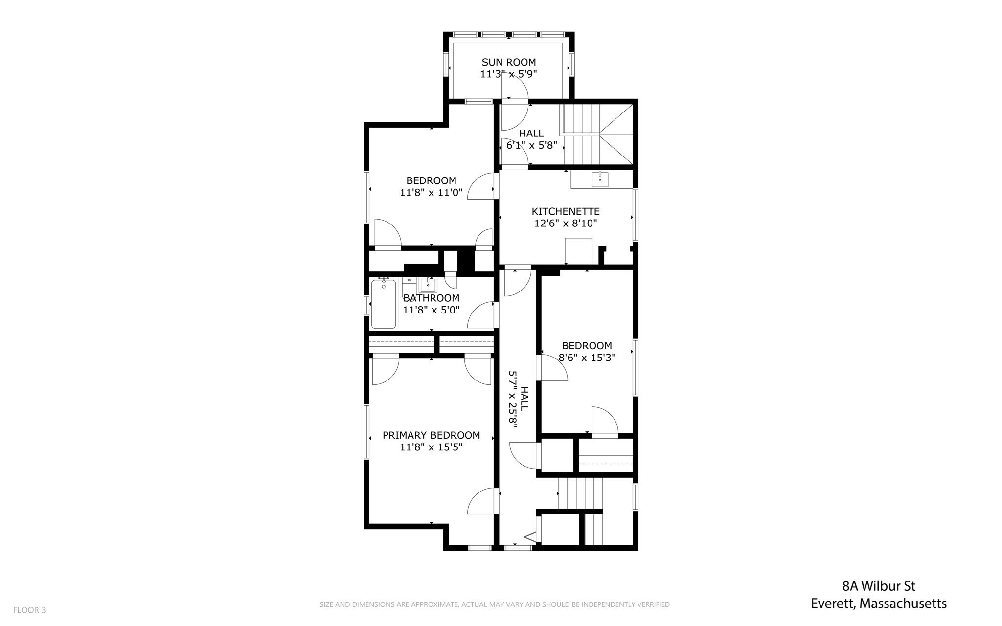 Third-floor plan showing three bedrooms, a bathroom, kitchenette, halls, and sun room.