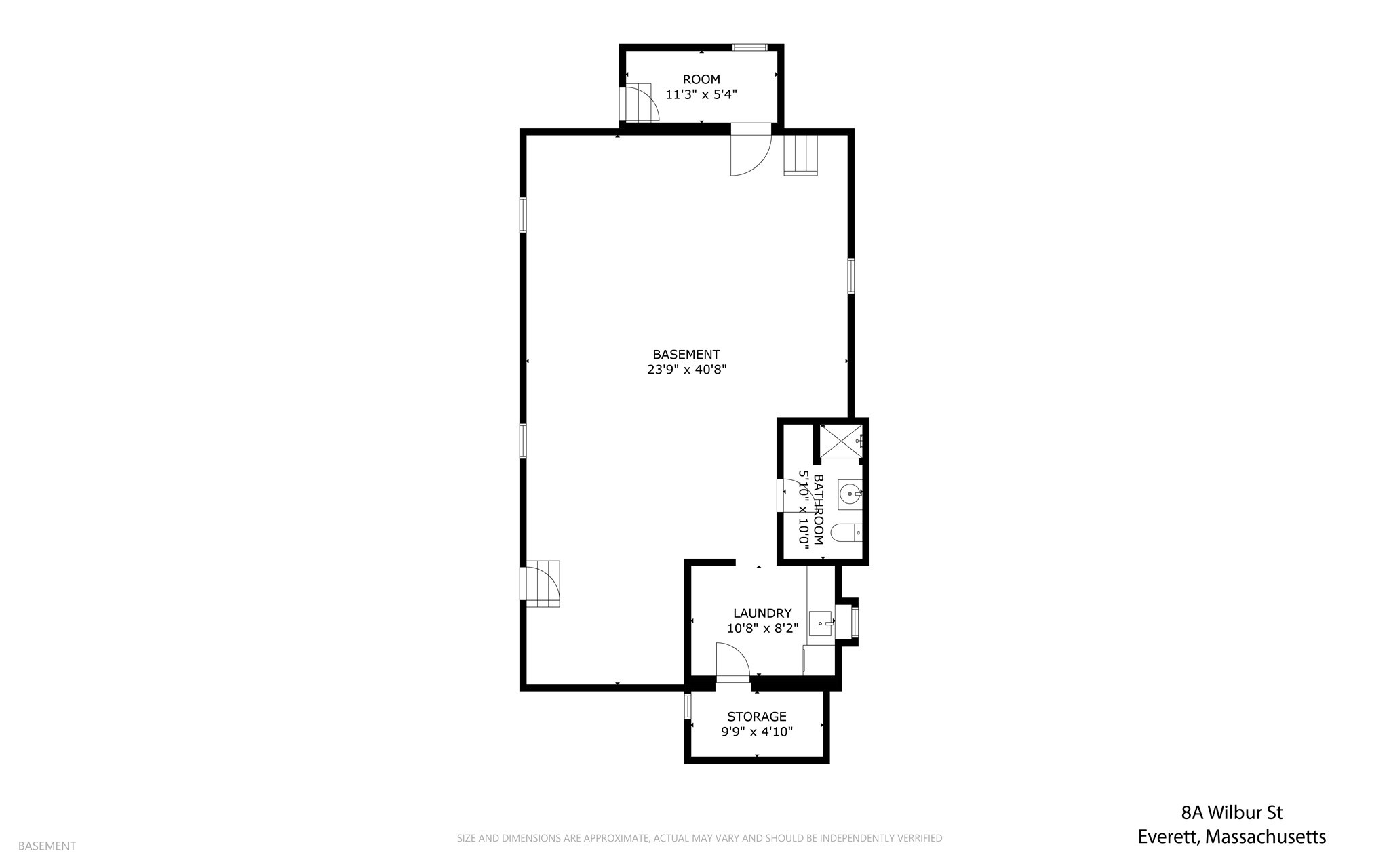 Basement floor plan with a large open area, bathroom, laundry room, storage, and a small room.