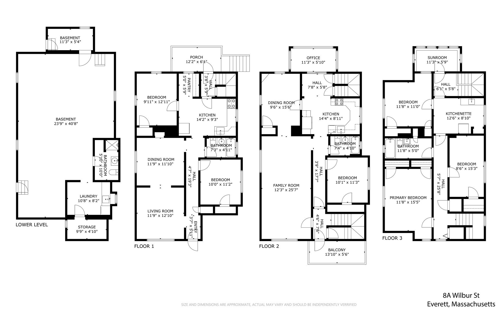 Floor plan showing the lower level and three floors of 8A Wilbur St, with labeled rooms and approximate dimensions.