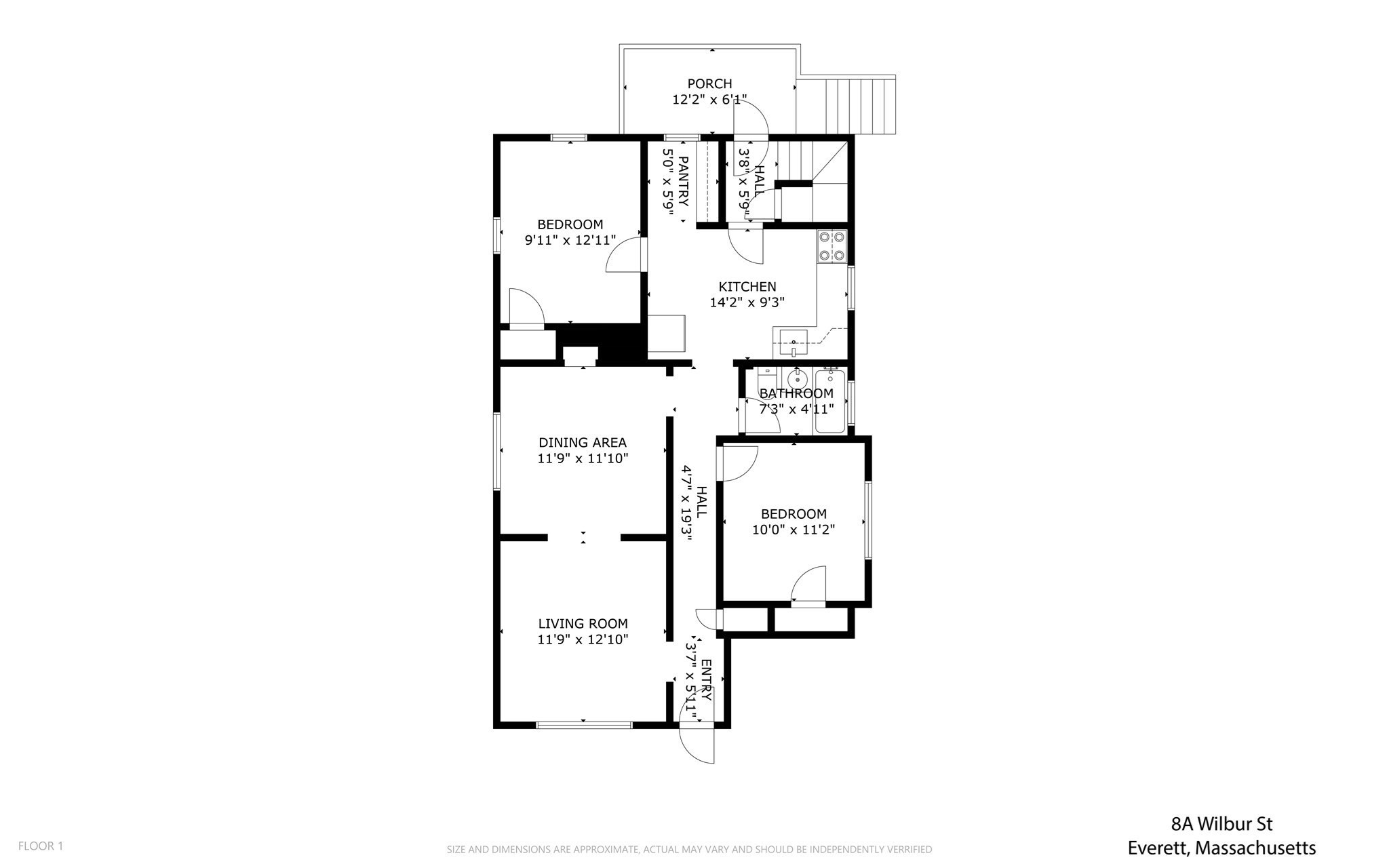 First-floor plan of 8A Wilbur St, with two bedrooms, a porch, kitchen, dining area, and living room.