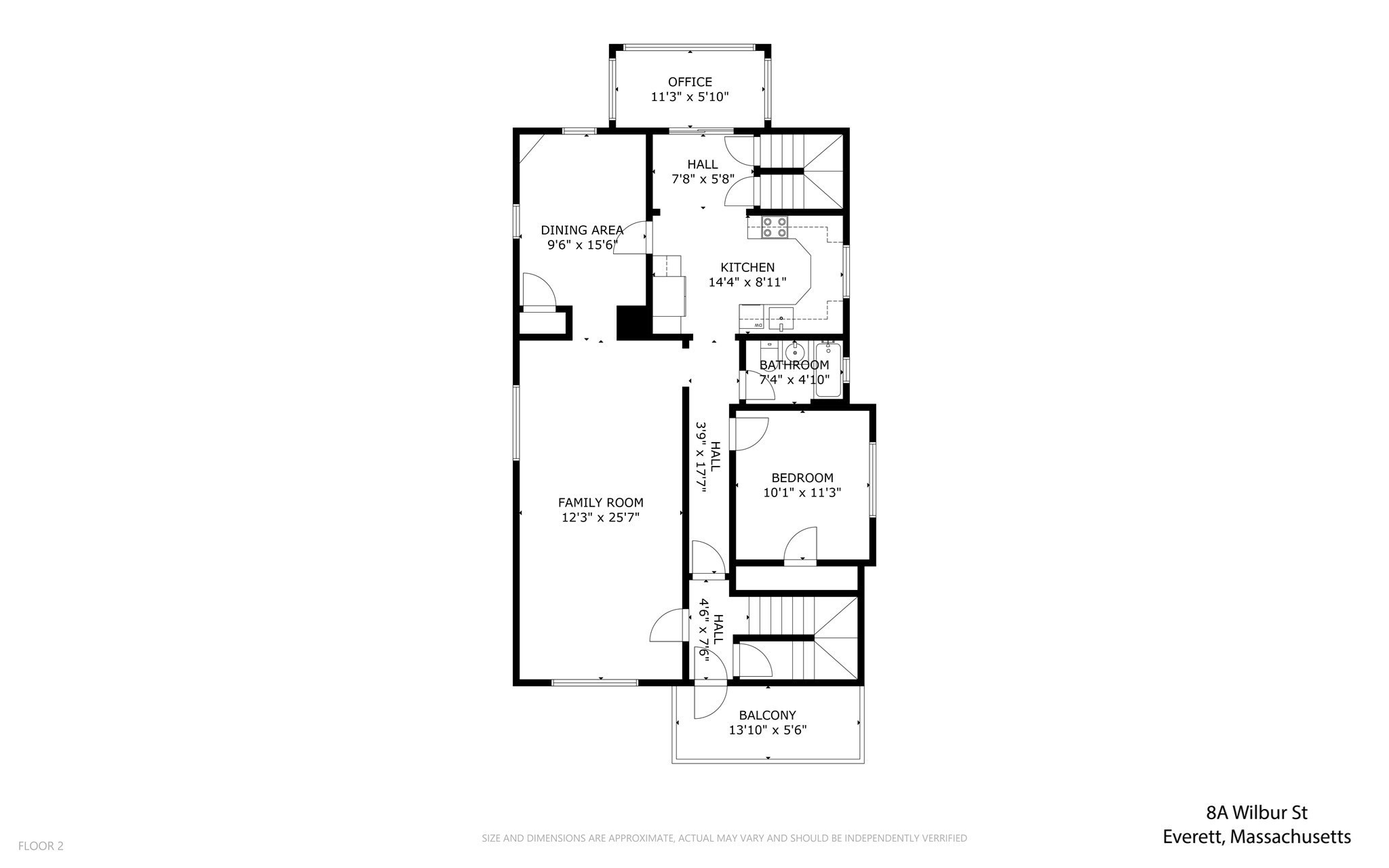 Second-floor plan of 8A Wilbur St showing room labels, dimensions, stairs, and balcony.