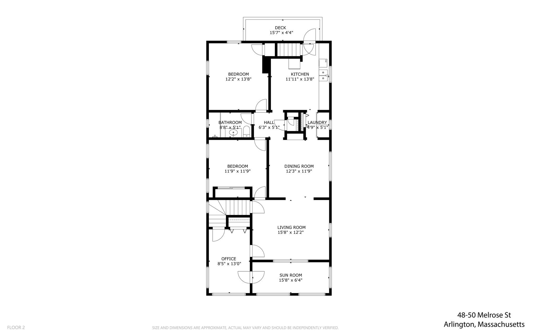 Second-floor plan showing two bedrooms, living and dining rooms, kitchen, office, sun room, and deck.