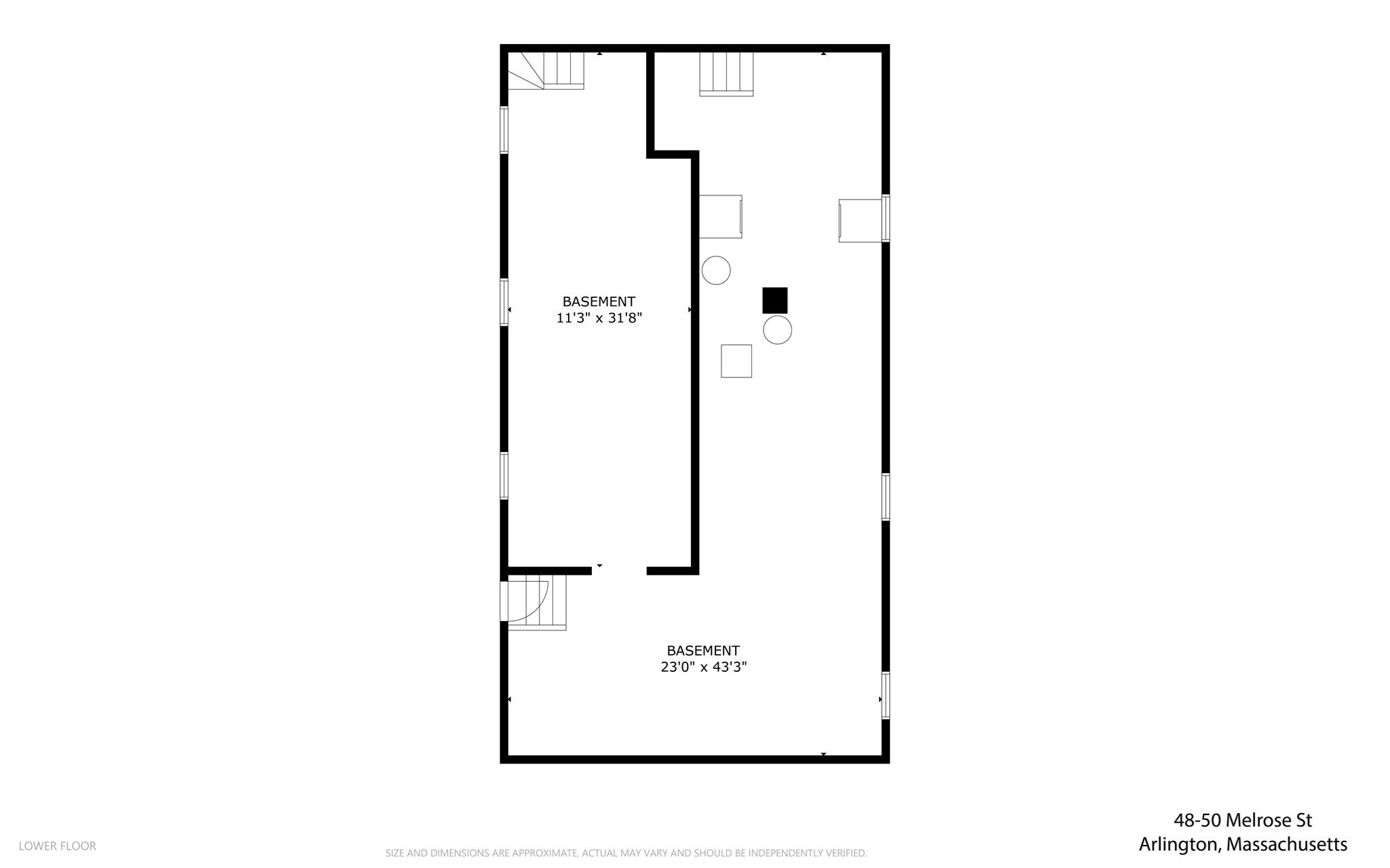 Lower-floor plan showing two basement areas with labeled dimensions at 48-50 Melrose Street.