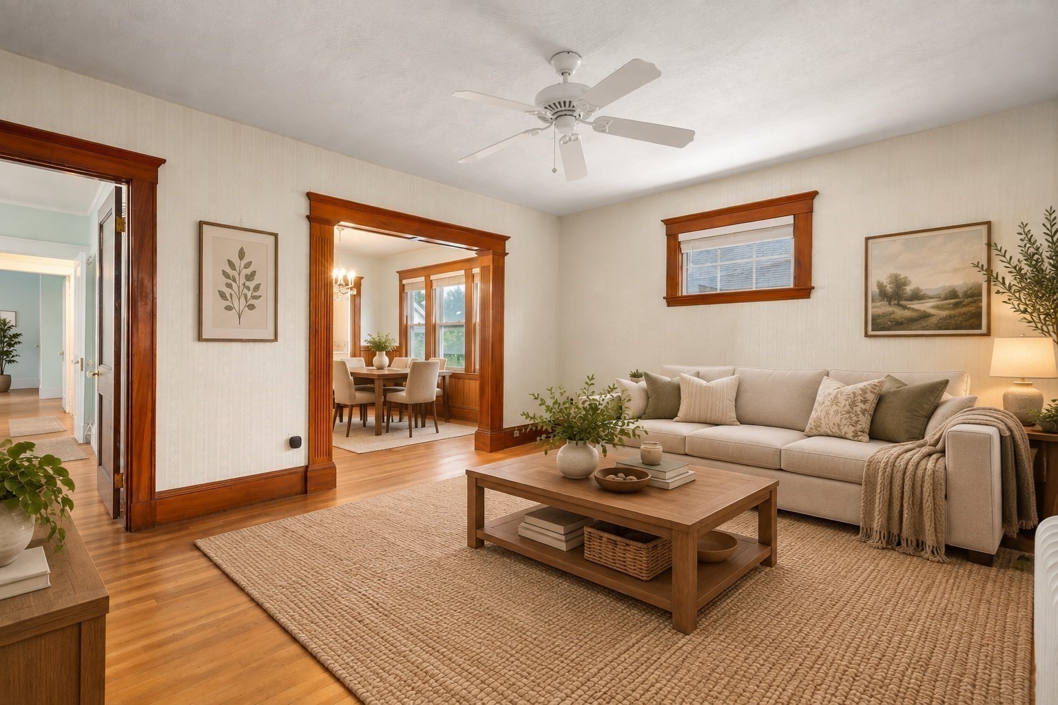 Living room with a beige sectional, hardwood floors, and a wood-trimmed opening to the dining room.