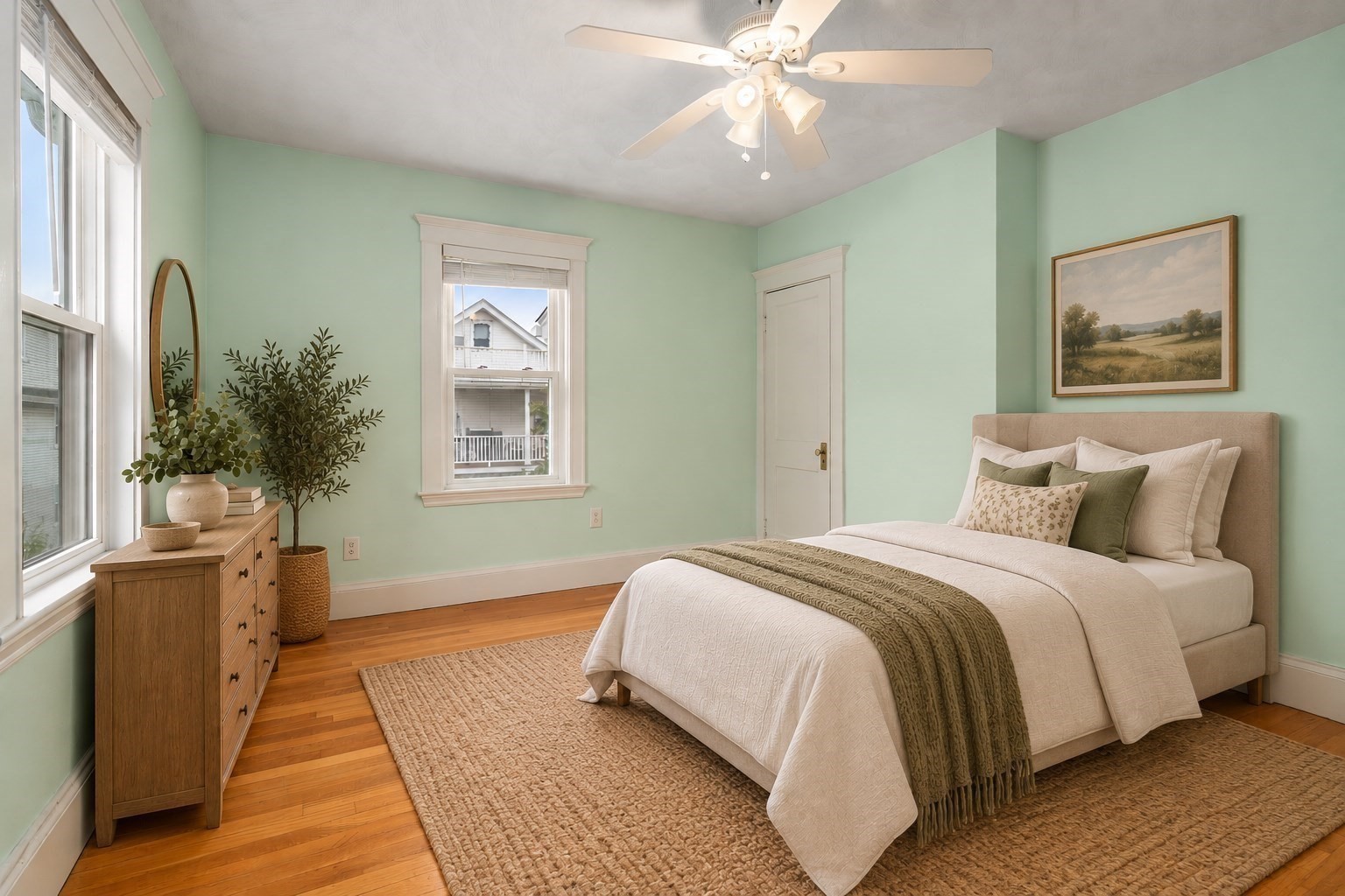 Staged bedroom with mint-green walls, a white bed, and large windows.