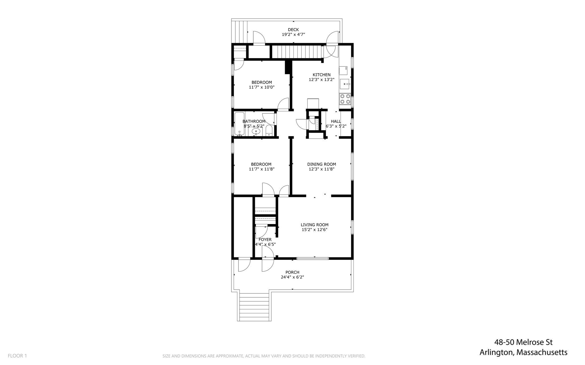 First-floor plan of 48–50 Melrose Street with two bedrooms, living and dining rooms, kitchen, porch, and deck.