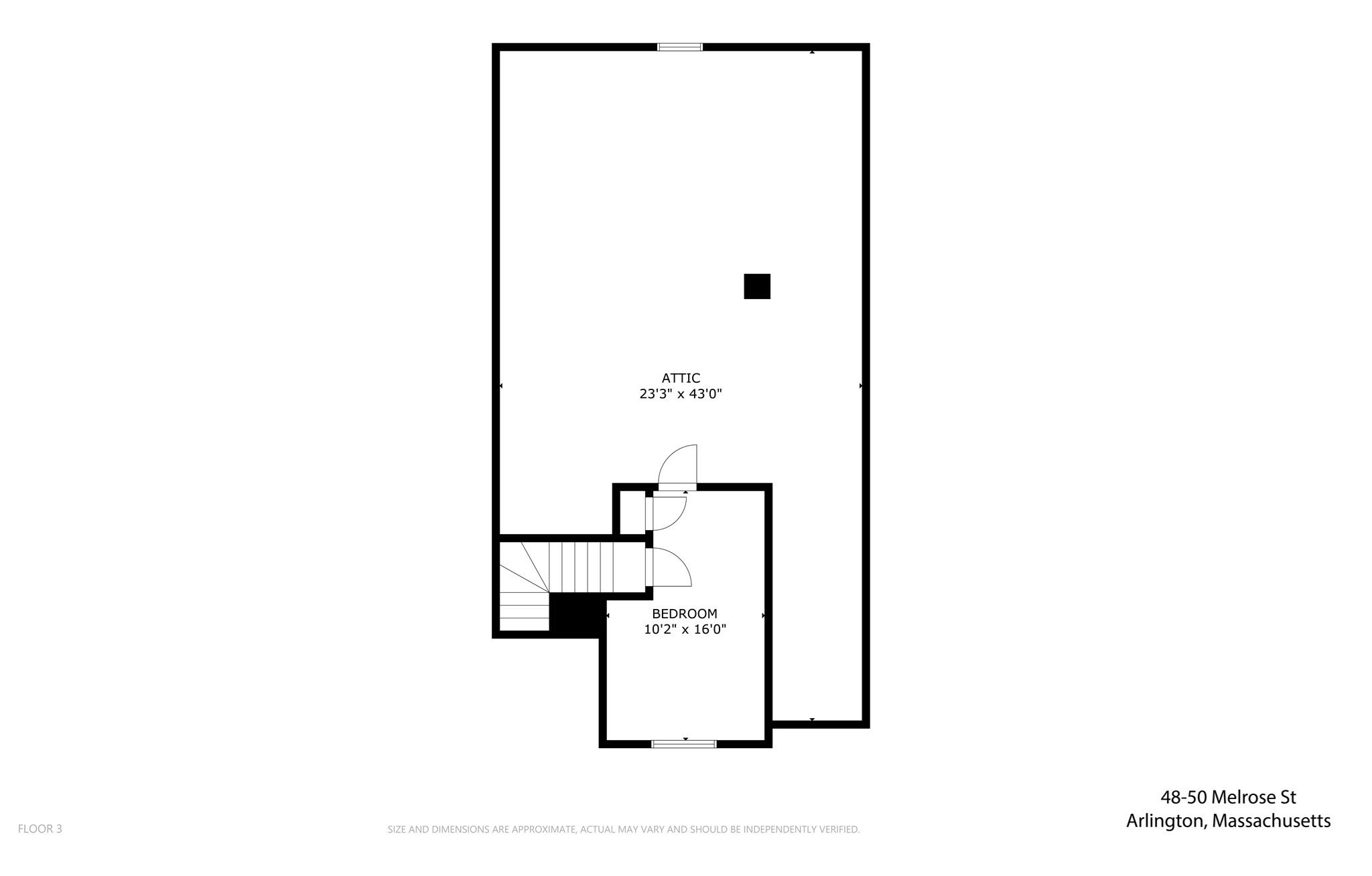 Third-floor plan showing an attic, bedroom, and staircase.