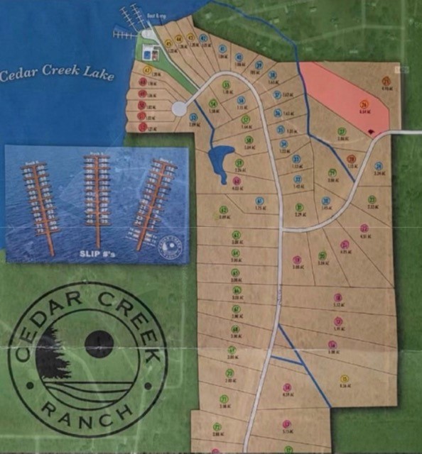 Cedar Creek Ranch subdivision map with numbered lots along Cedar Creek Lake and an inset map of boat slips.