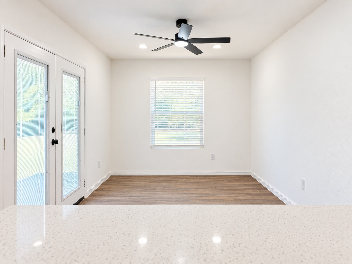 Empty room with wood-look floors, a black ceiling fan, and glass doors beside a window.