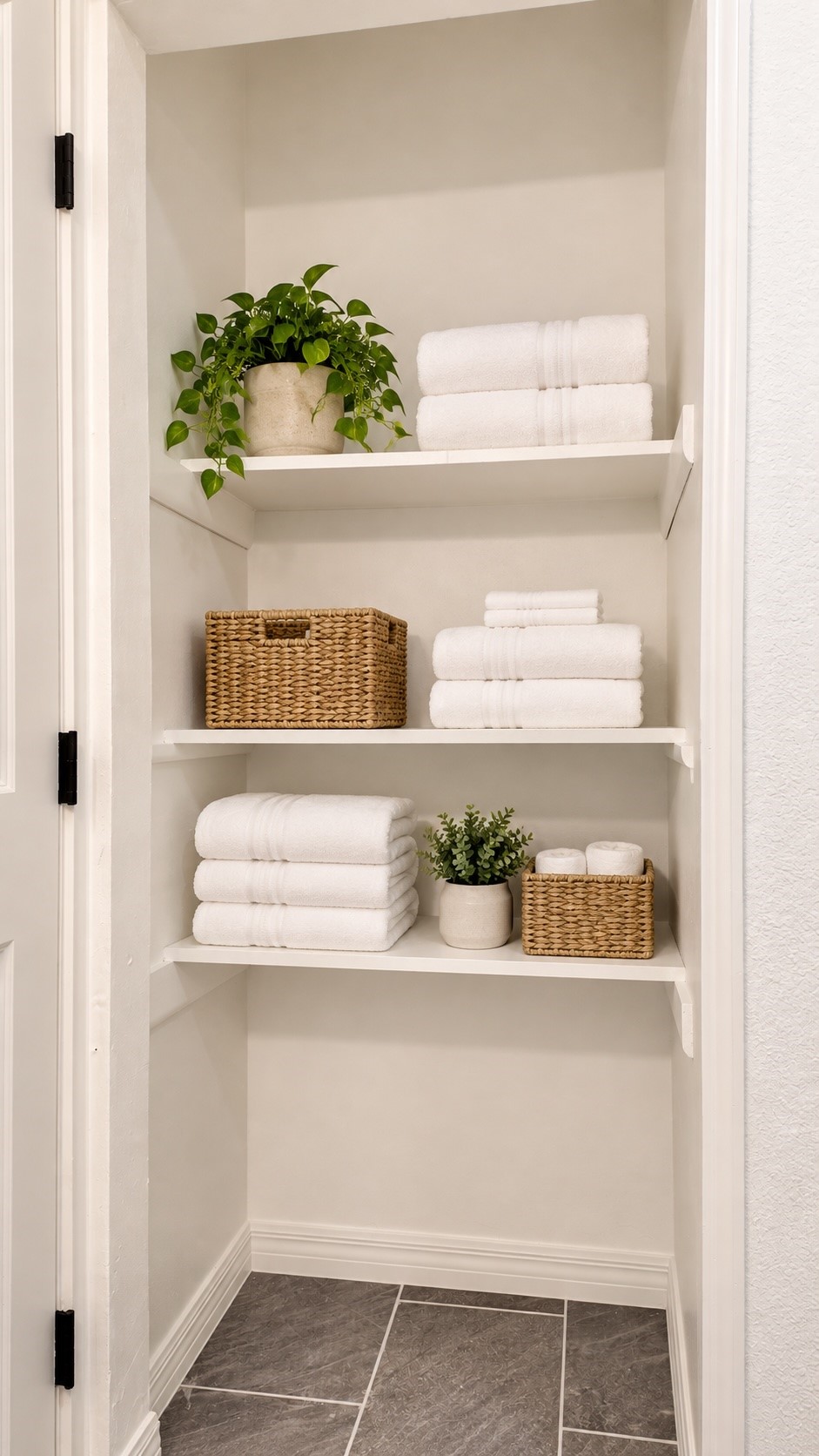 Linen closet with folded white towels, woven baskets, and potted plants on white shelves.