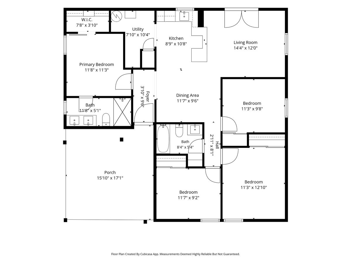 Floor plan showing four bedrooms, two bathrooms, open living and dining areas, and a large porch.