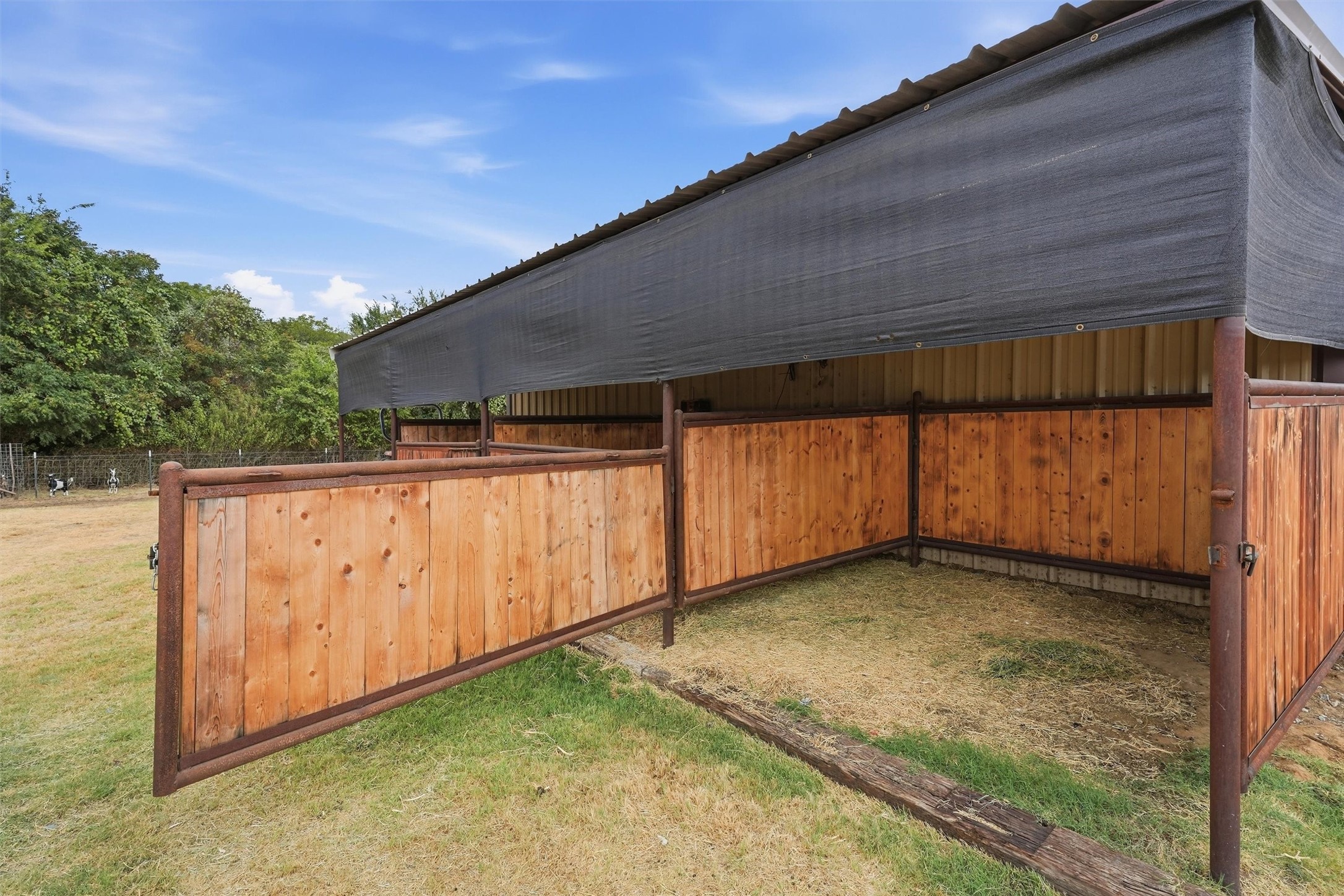 Covered wooden livestock shelter with open pens and dark shade cloth.