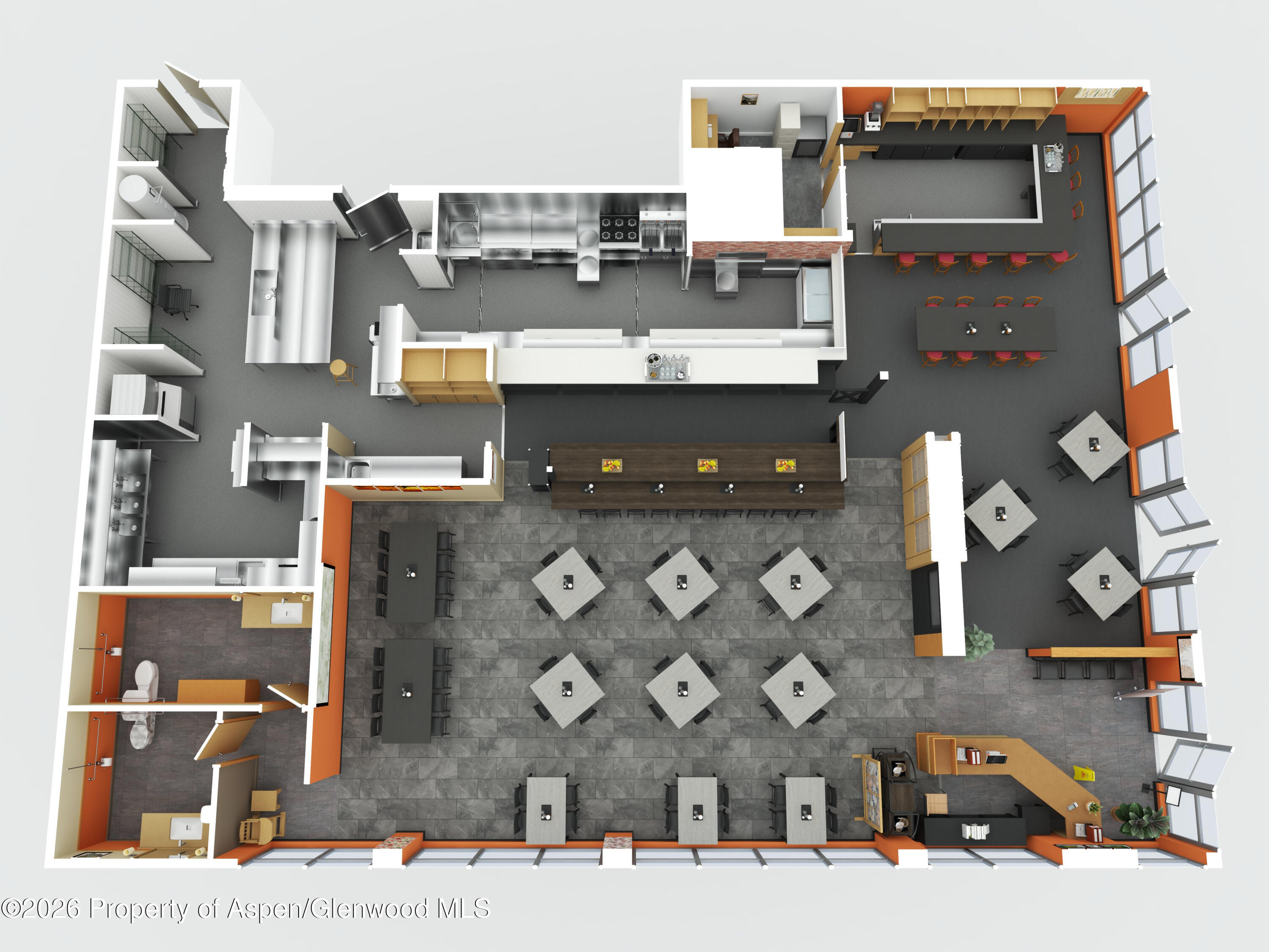Restaurant floor plan with dining area, bar, kitchen, restrooms, and window-lined perimeter.