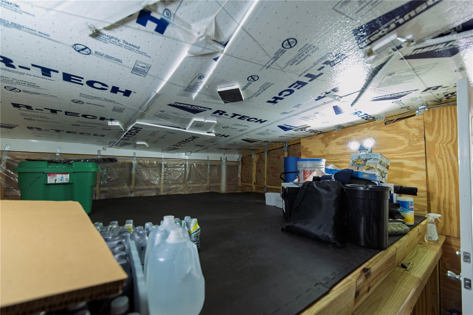 Unfinished insulated garage with exposed plywood walls, a raised wooden platform, and stored supplies.