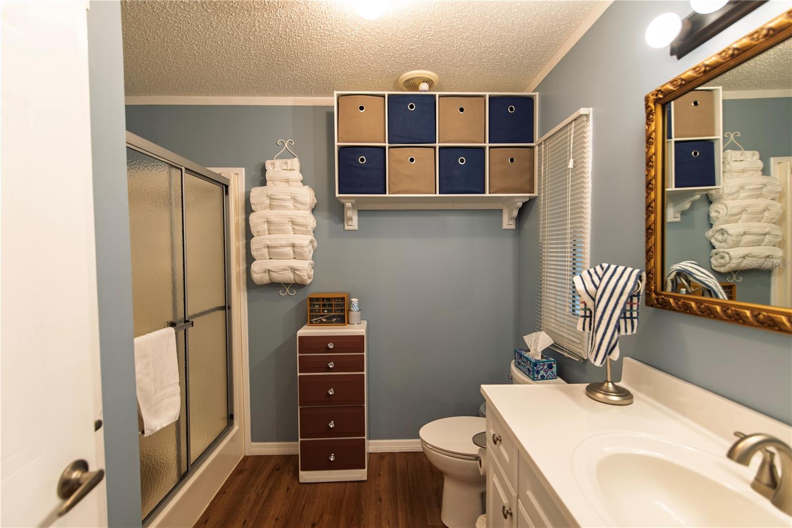 Bathroom with a glass shower, white vanity, dark wood flooring, and wall-mounted storage cubbies.