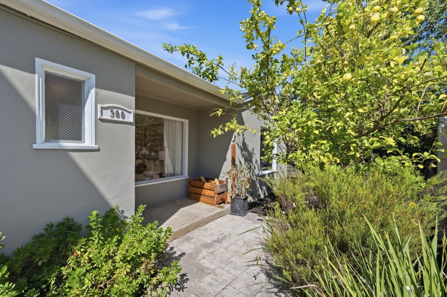 Gray home exterior with a paved patio, lush garden, and fruiting lemon tree.