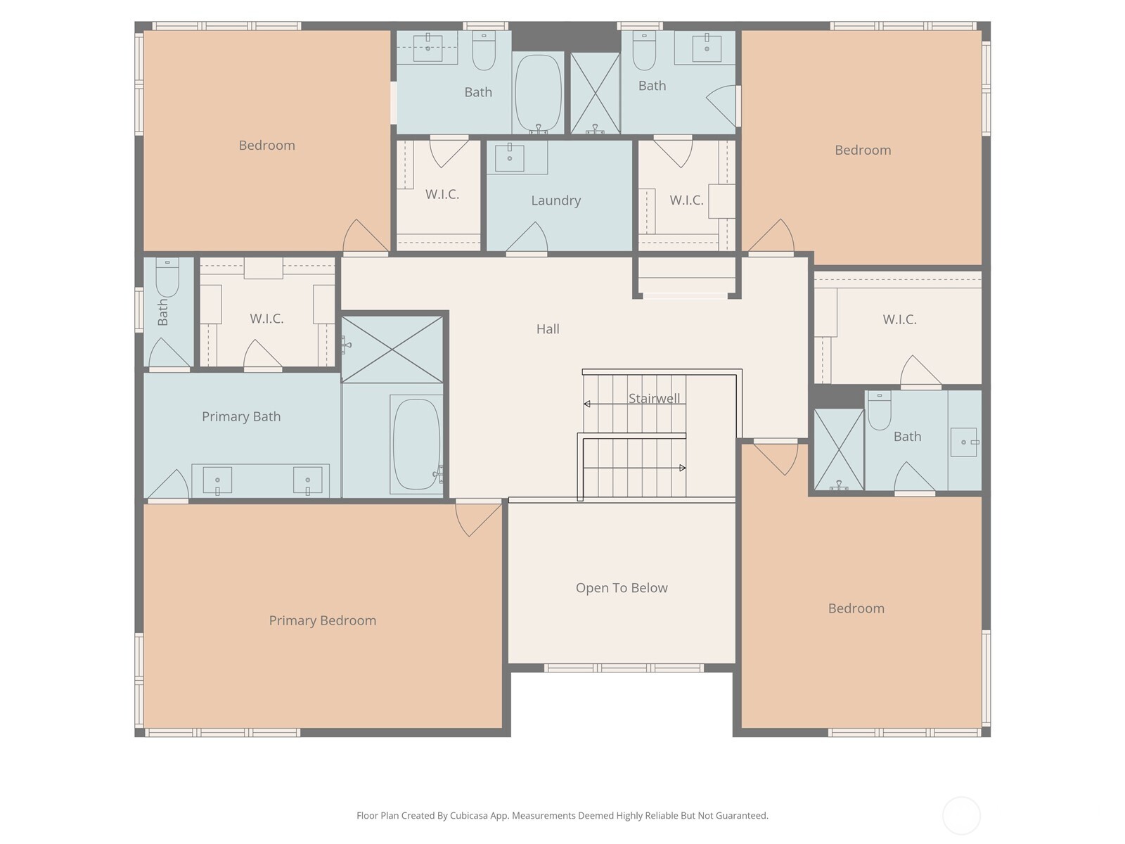 Second-floor plan with four bedrooms, multiple baths, a laundry room, stairwell, and open-to-below space.