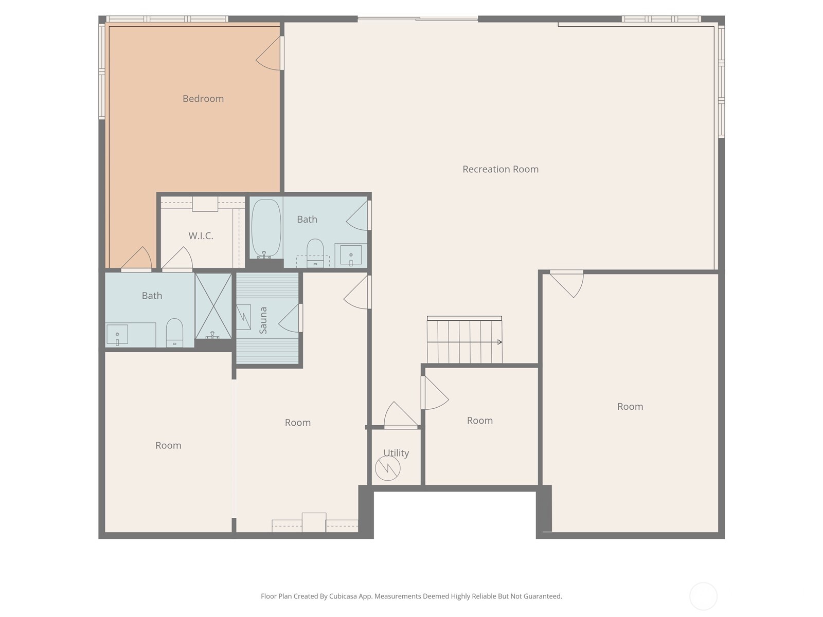 Floor plan with recreation room, bedroom, sauna, bathrooms, utility room and three additional rooms.