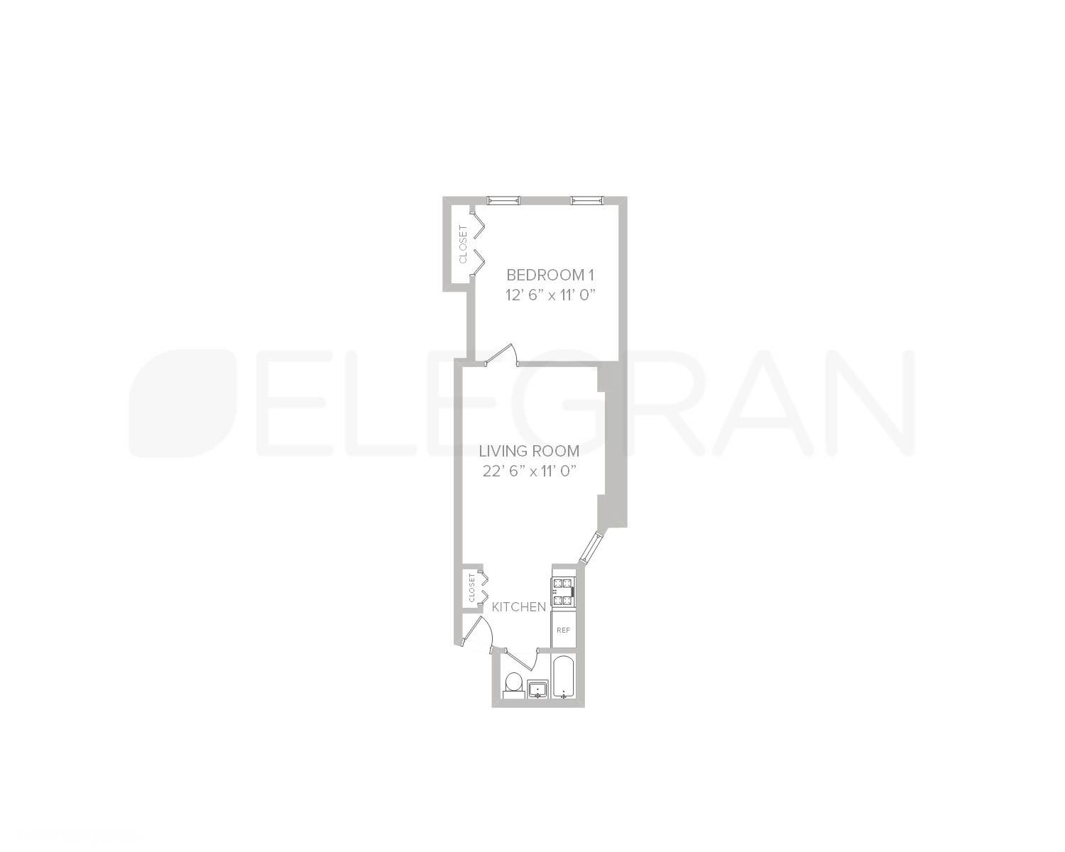 Floor plan showing a bedroom, living room, kitchen, bathroom, and closets.
