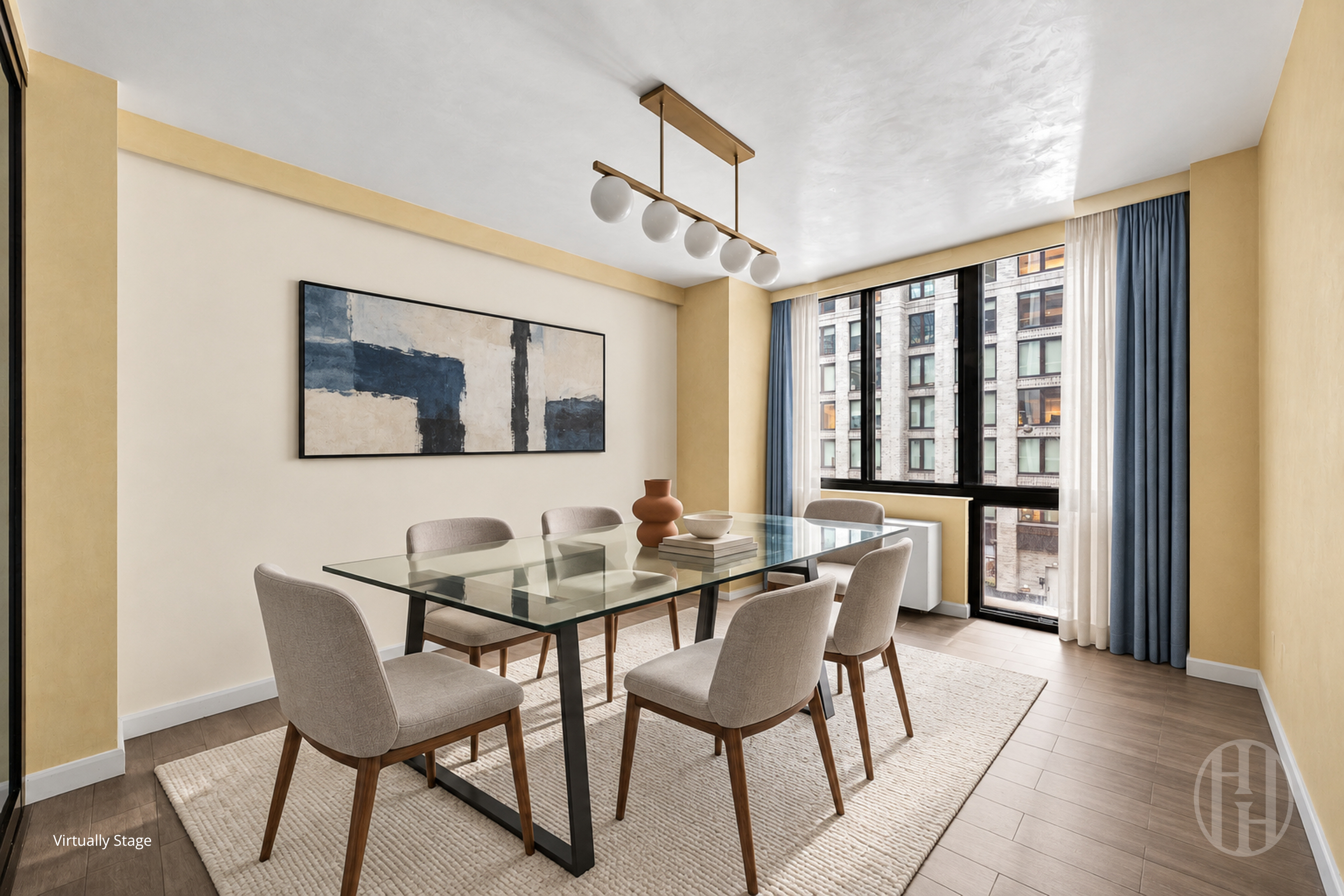 Virtually staged dining room with a glass table, neutral chairs, abstract artwork, and large windows.