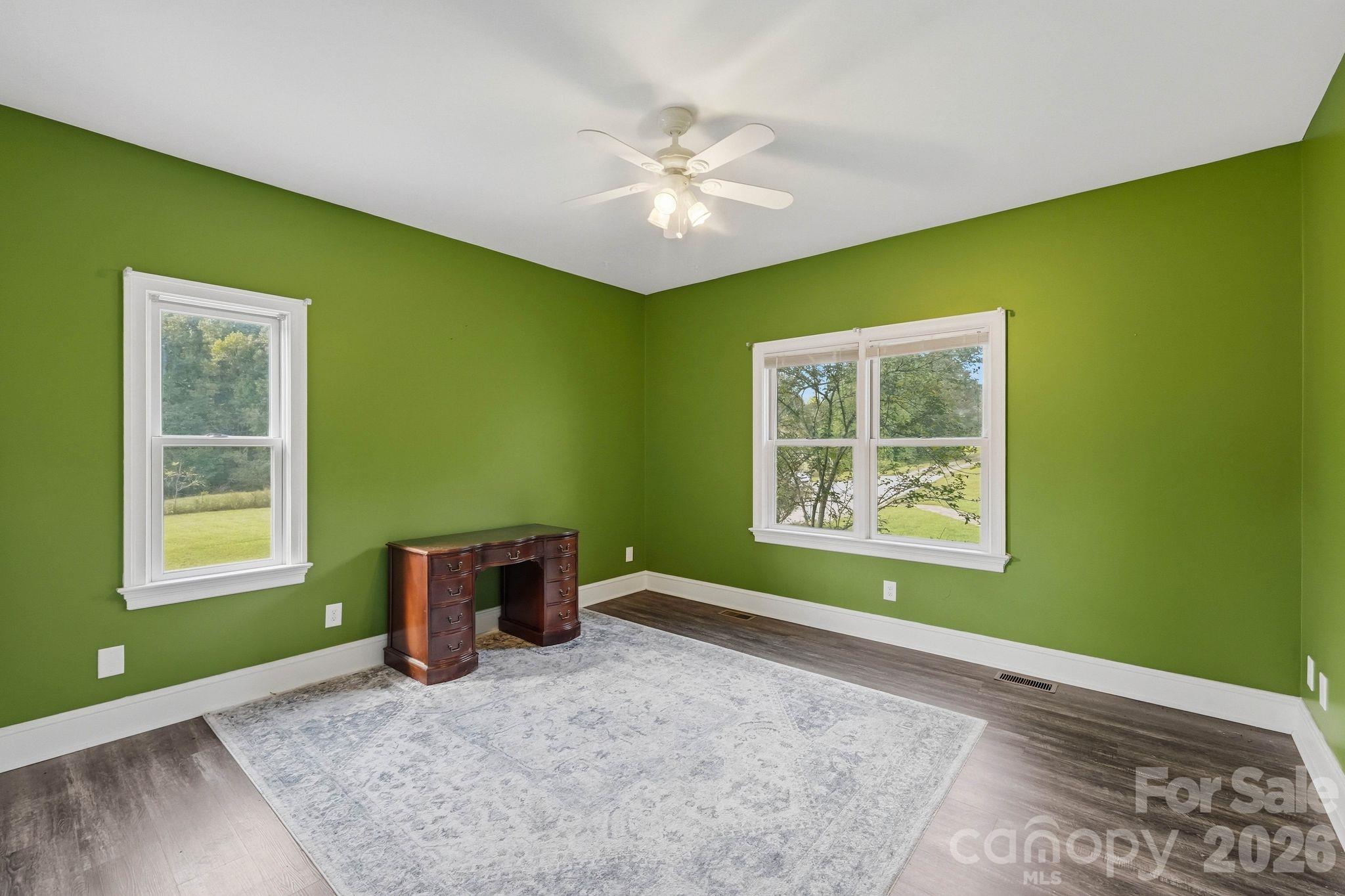 Green-walled room with two windows, a dark wood desk, and a pale patterned rug.