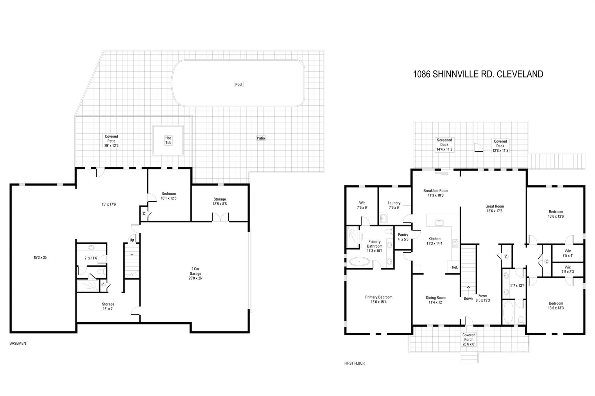 Two-level floor plan showing a first-floor primary suite and living areas, plus a basement garage, pool, patio, and hot tub.