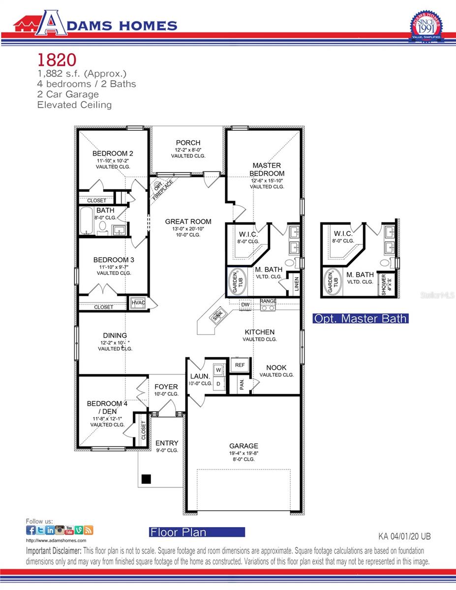 Floor plan for the Adams Homes 1820 model including room dimensions and layout