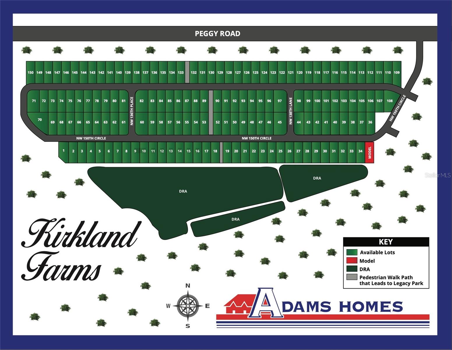 A color-coded site map of the Kirkland Farms community showing lot numbers, available lots, the model home, and drainage retention areas.