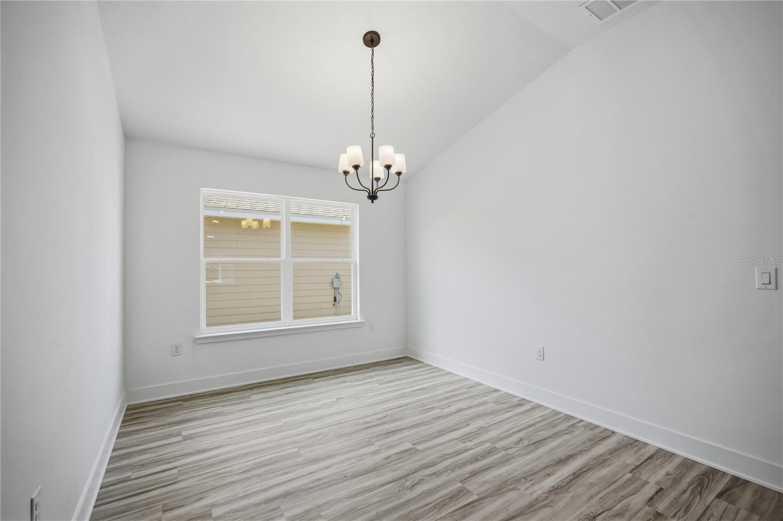 An empty dining room with white walls, wood-look laminate flooring, and a small chandelier.