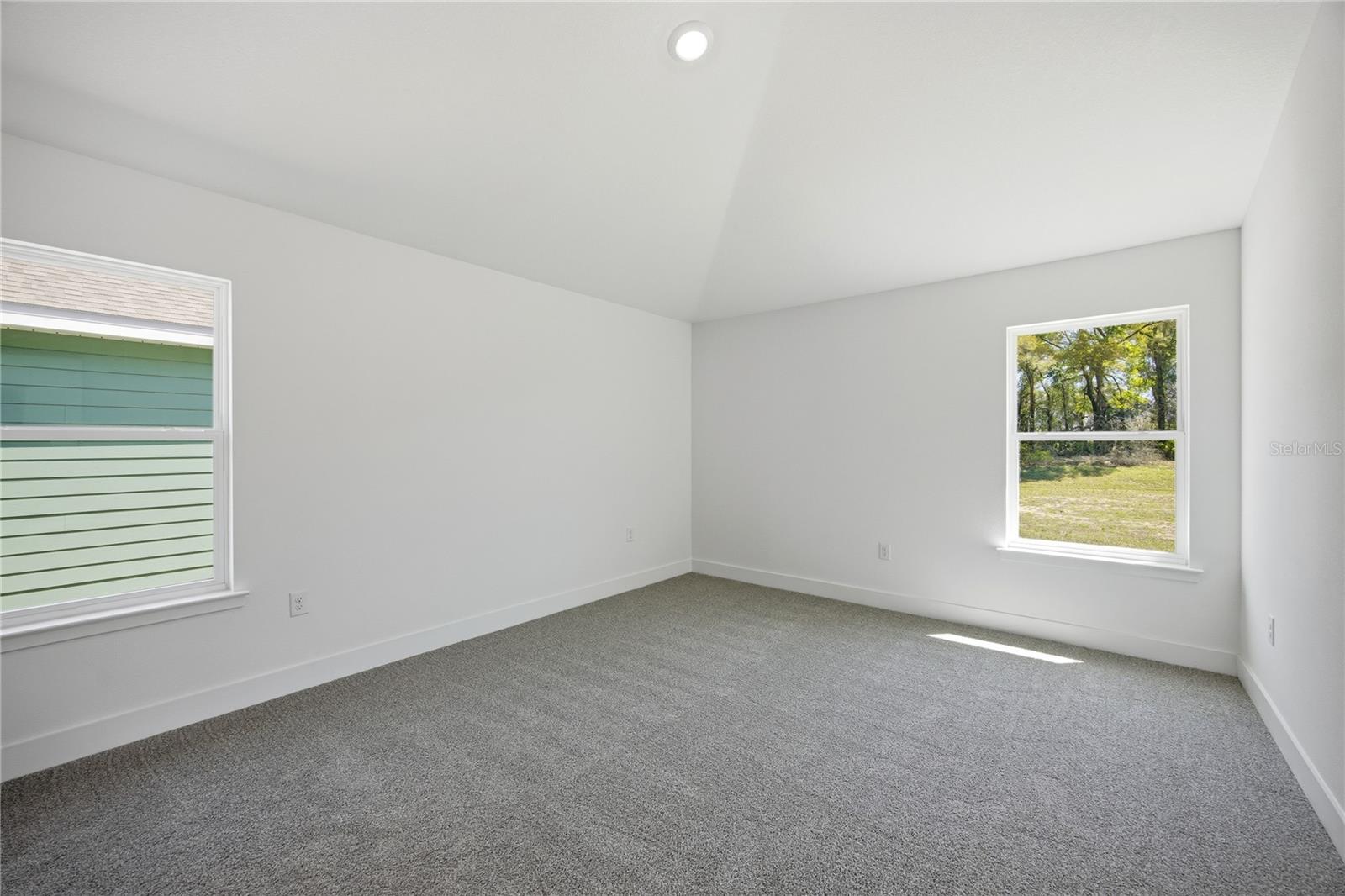 An empty bedroom with white walls, grey carpeting, and a vaulted ceiling, featuring two windows.