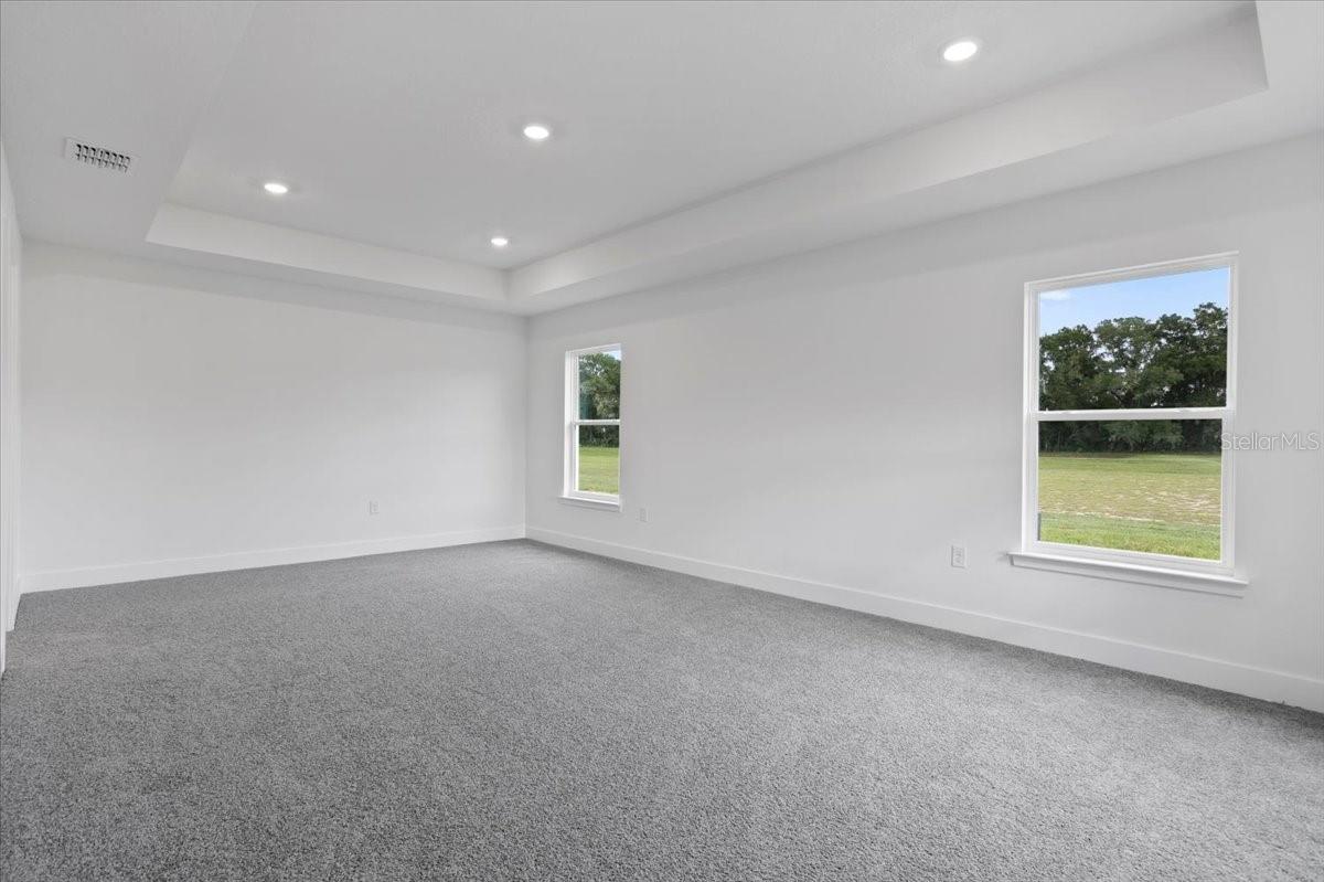 A vacant bedroom with grey carpet, white walls, and a tray ceiling with recessed lighting.