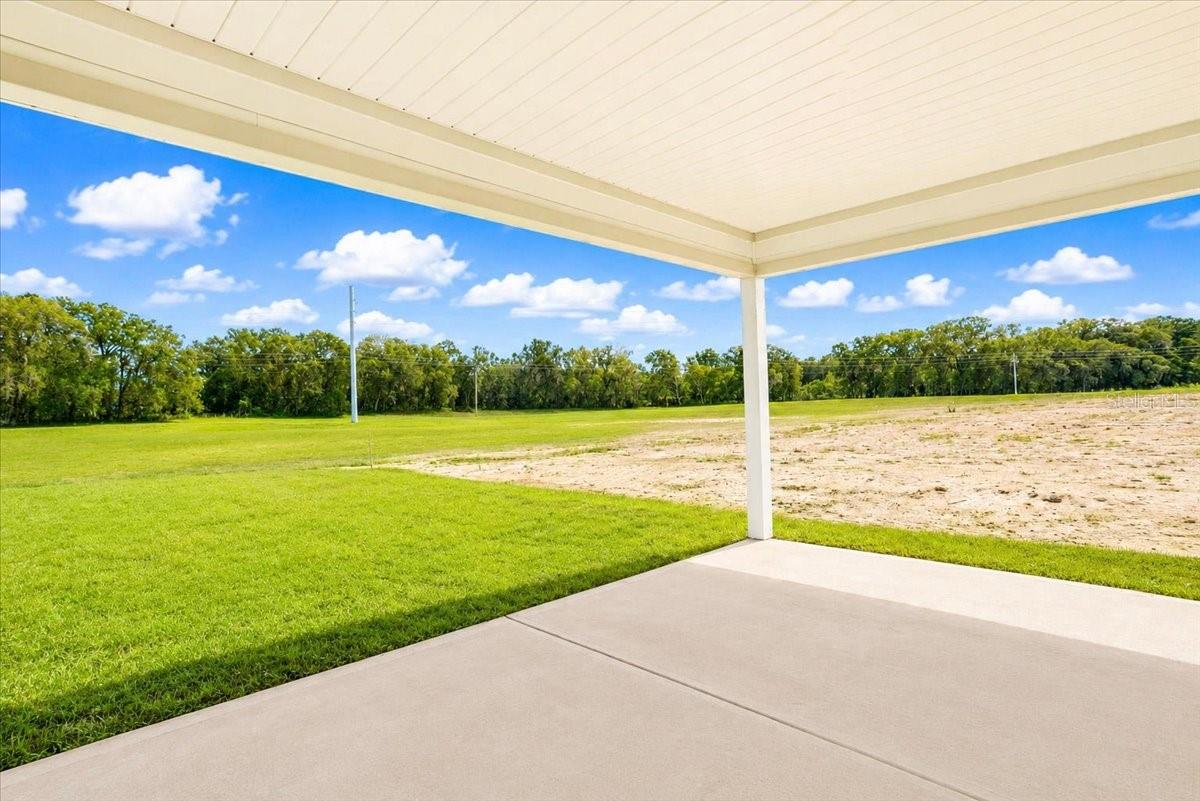 A covered concrete patio area looking out onto a large green grassy yard with a treeline in the background under a blue sky.