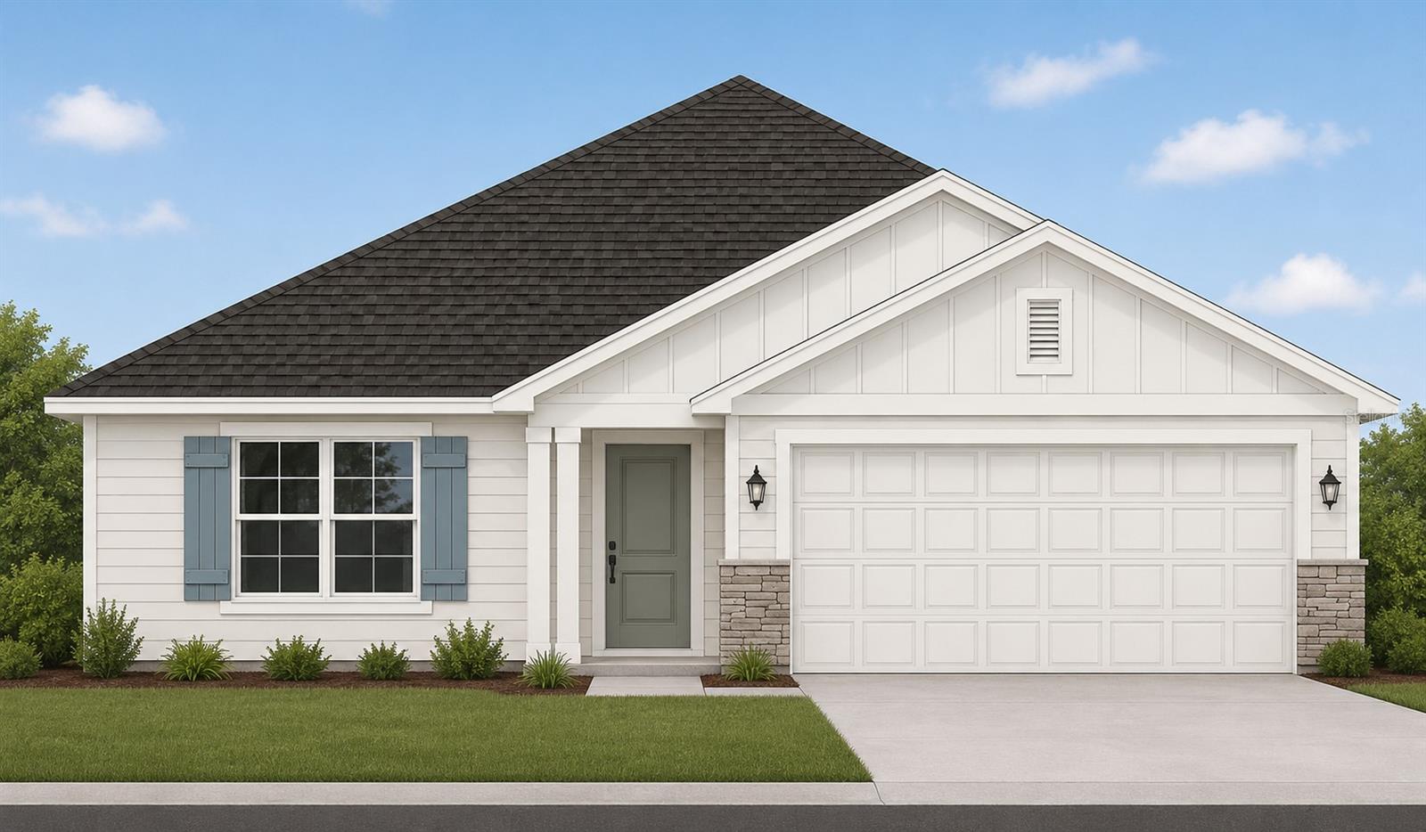 A front exterior view of a single-story white house with a dark roof and a two-car garage.