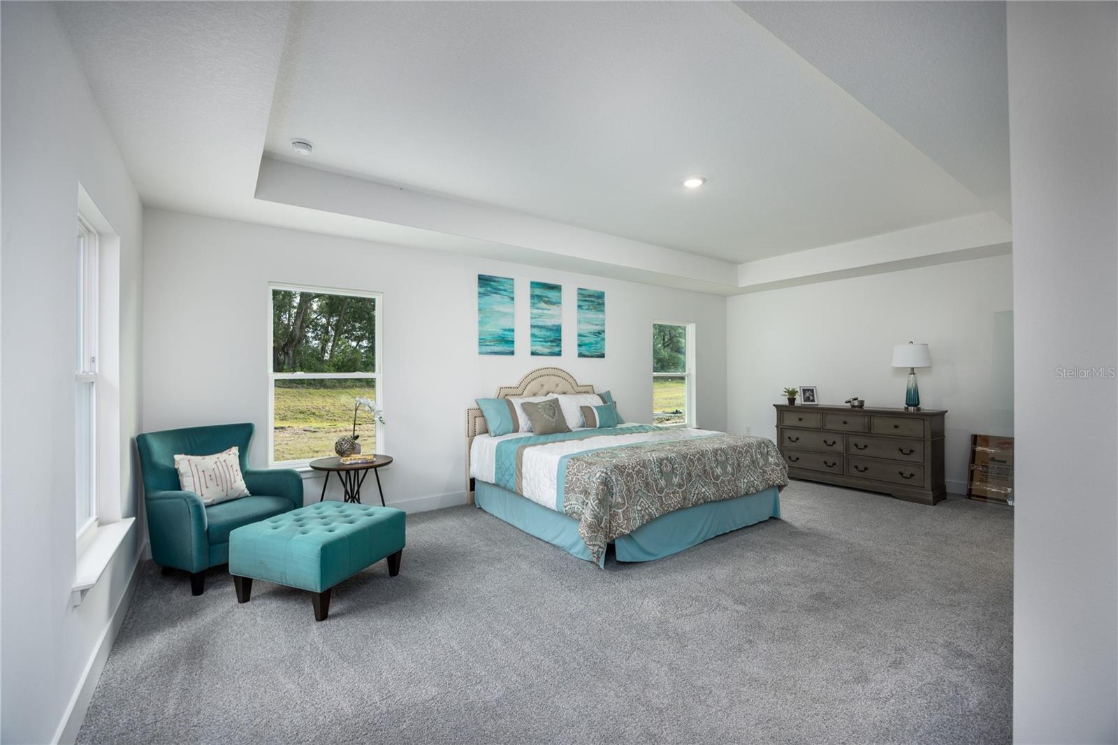 A master bedroom with gray carpeting, teal accent furniture, a queen bed, and a wooden dresser.